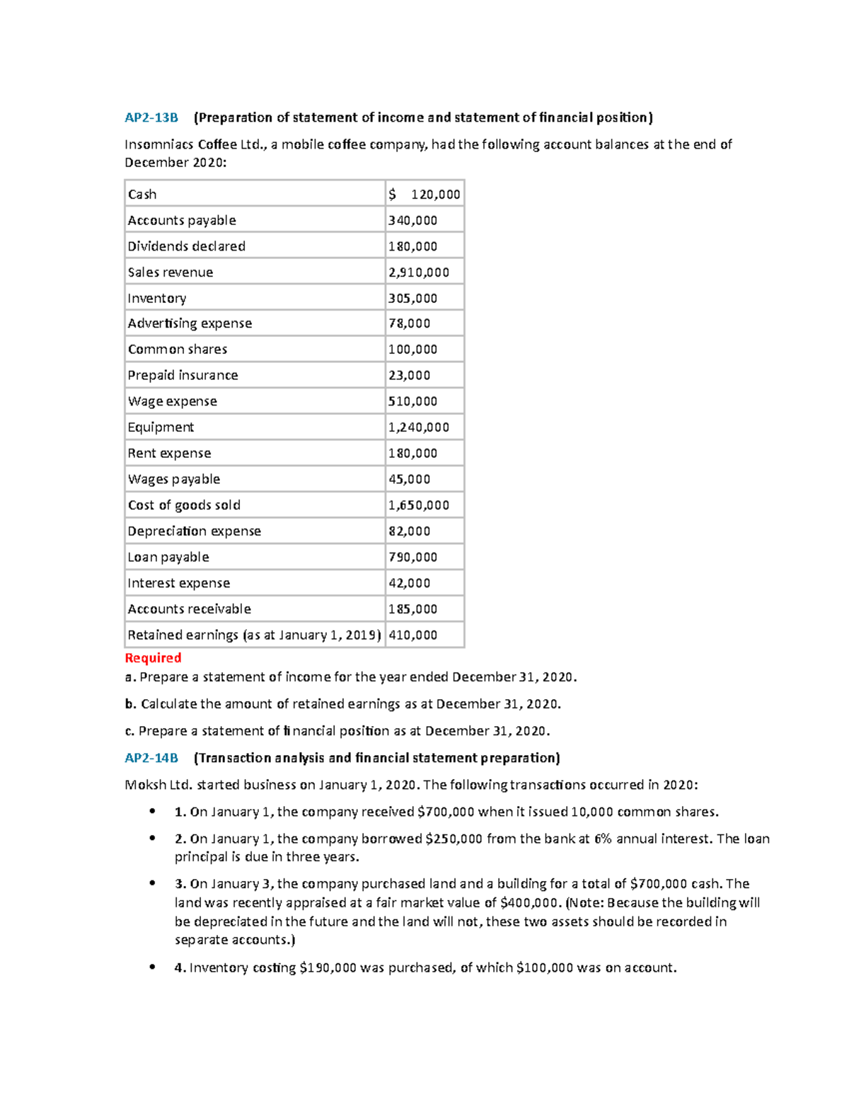 Additional Practice Acco 220 Ch 2 - AP2-13B (Preparation of statement ...