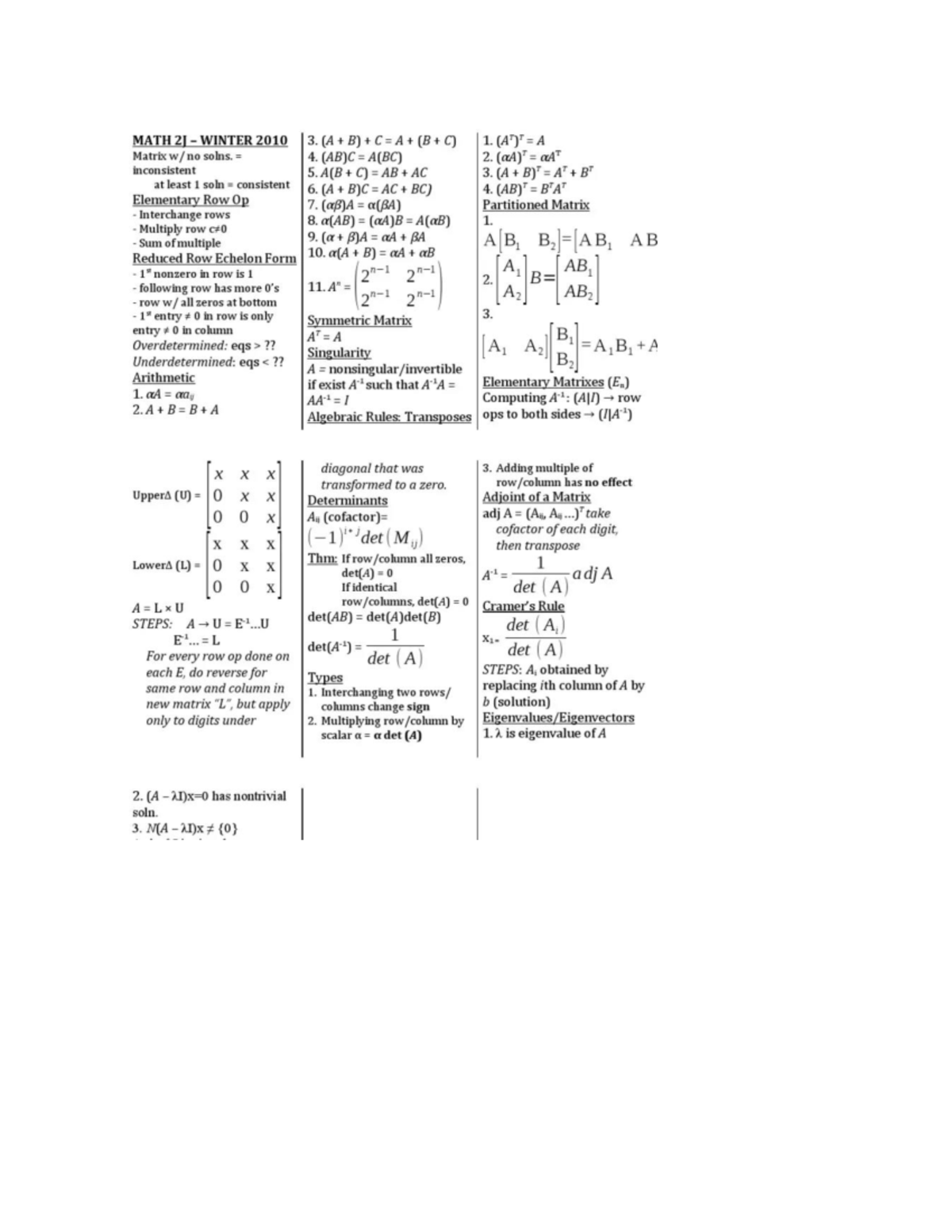 MATH ACS2 Winter 2010 Study Sheet on Matrix Solutions - Studocu
