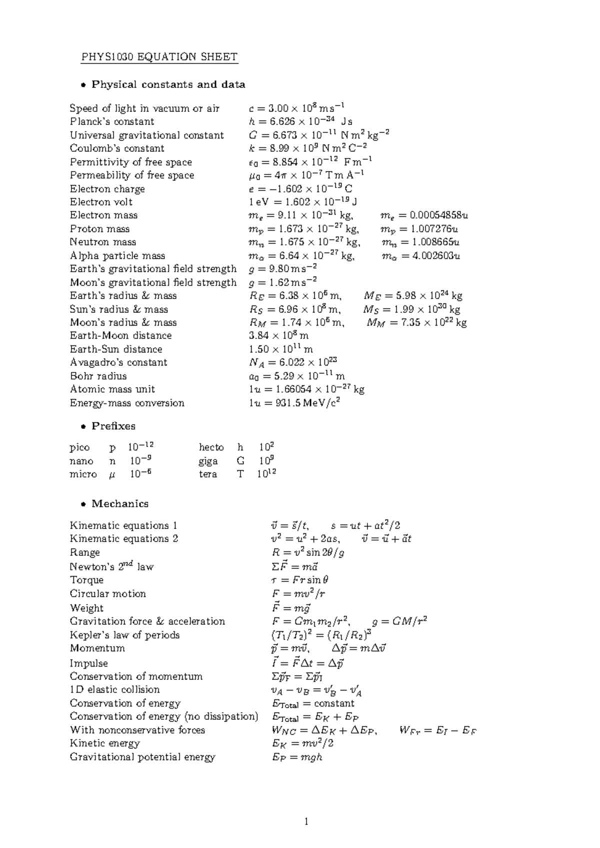 PHYS1030 Final Exam Equation Sheet: Key Physical Constants & Data - Studocu
