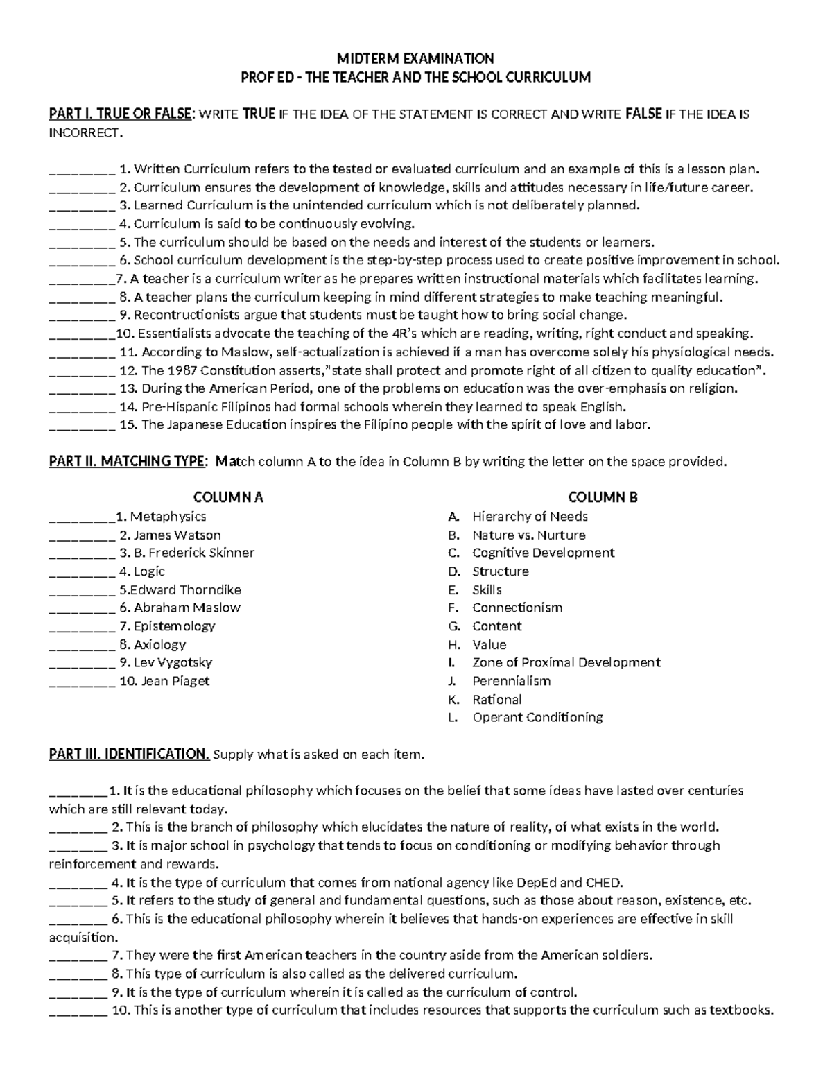 Midterm Examination - the teacher and the school curriculum - MIDTERM ...