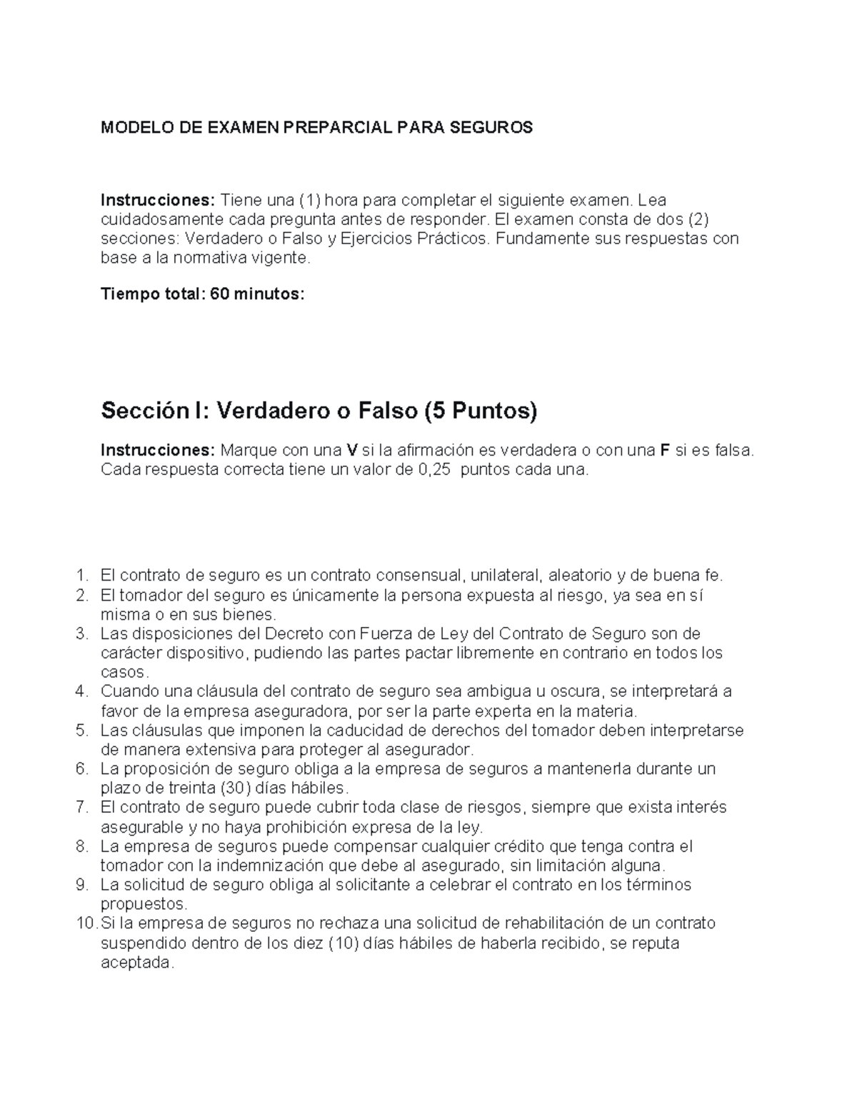 Modelo de Examen Preparcial para Seguros - Instrucciones y Ejercicios ...