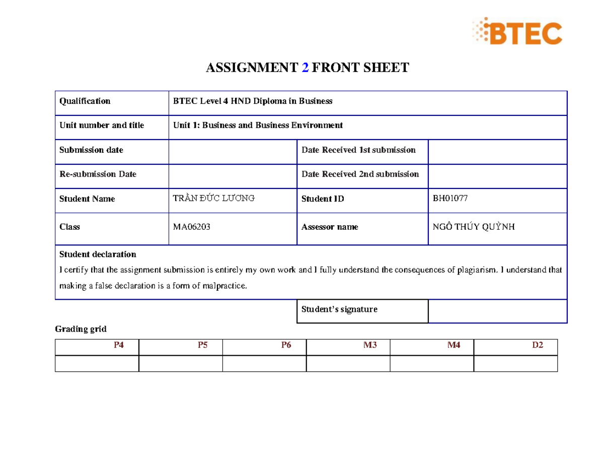 Asm quỳnh - sâsdas - ASSIGNMENT 2 FRONT SHEET Qualification BTEC Level ...