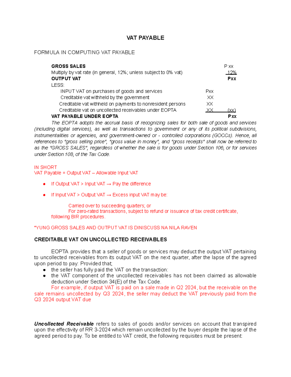 VAT Payable Calculation in Business Taxation (Course Code: VAT 101 ...