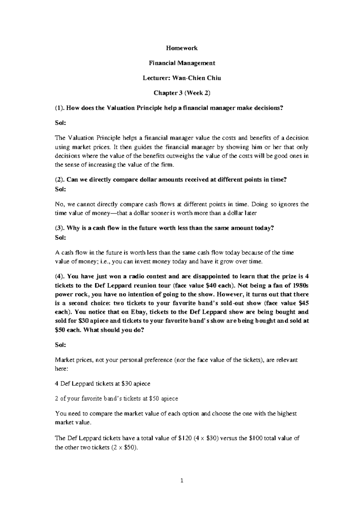 Financial Management Week 2 Homework - Valuation Principle & Cash Flow ...