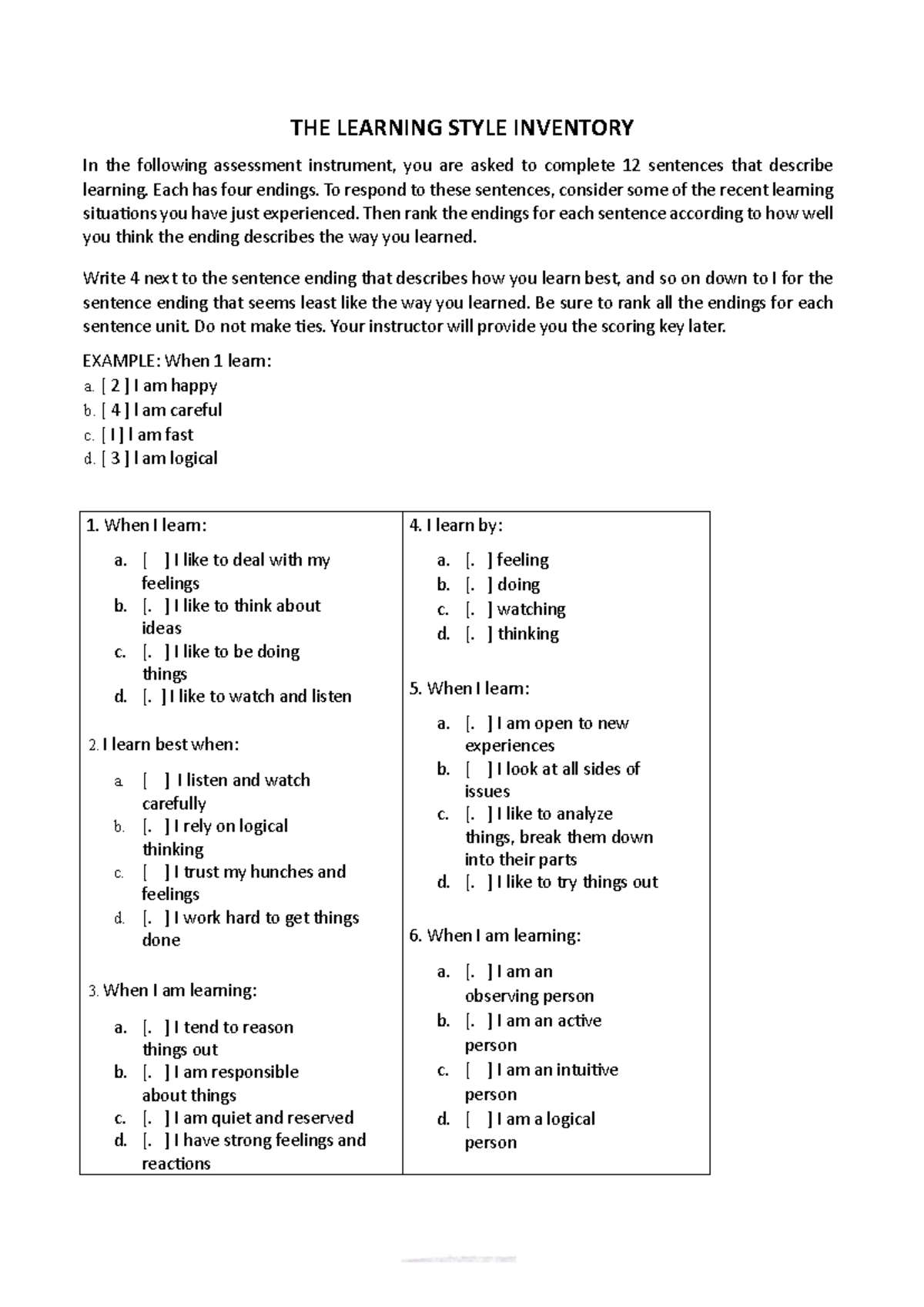 Learning Style Inventory Assessment: Ranking Your Preferences - Studocu
