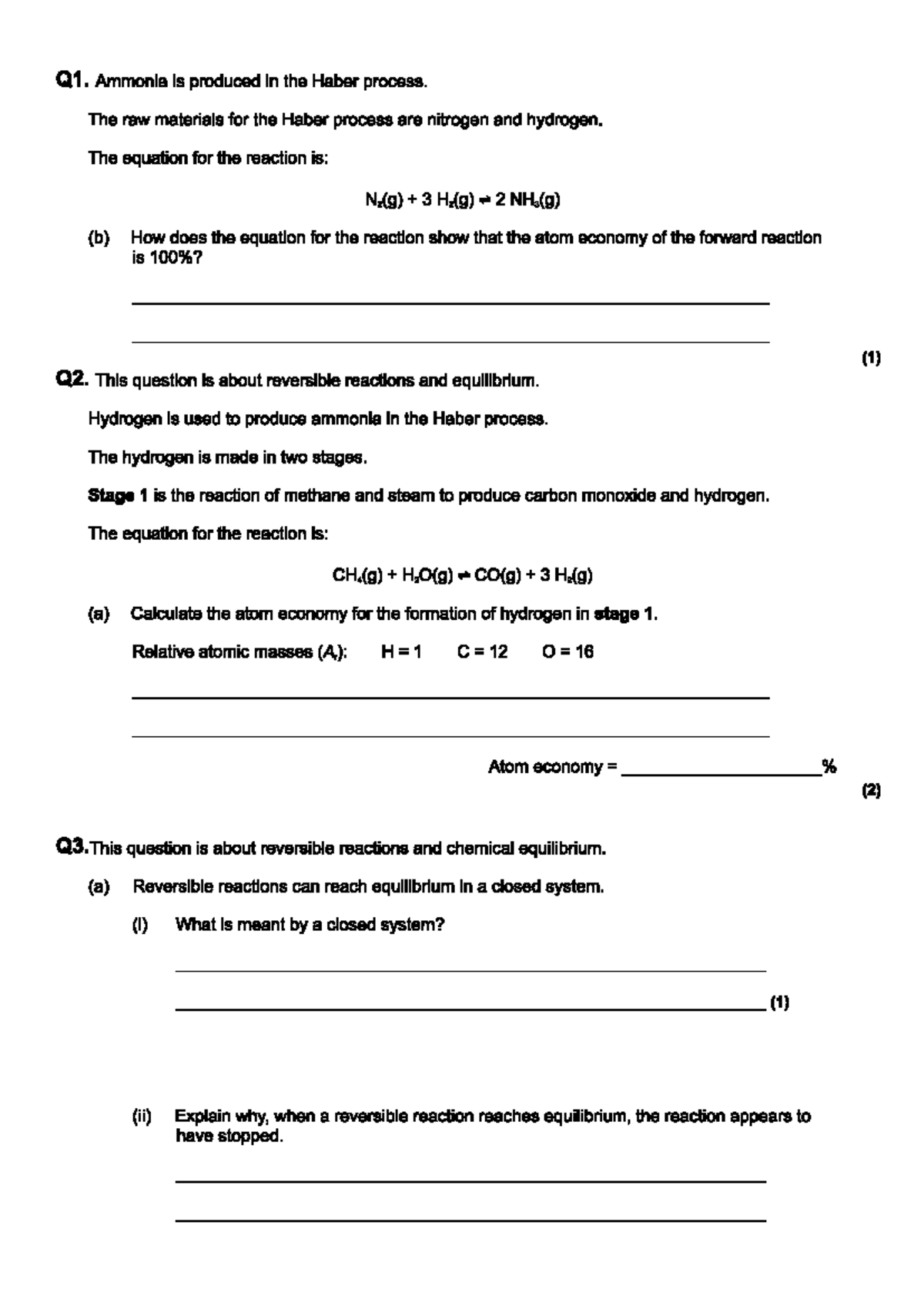 Chemistry Worksheet: Haber Process & Reversible Reactions (Q1-Q5) - Studocu