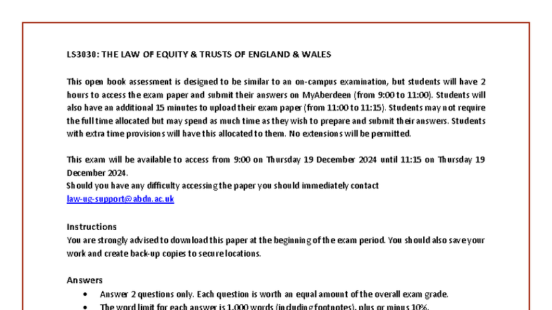 LS3030: 2024 Exam Paper on Equity Trusts of England & Wales - Studocu