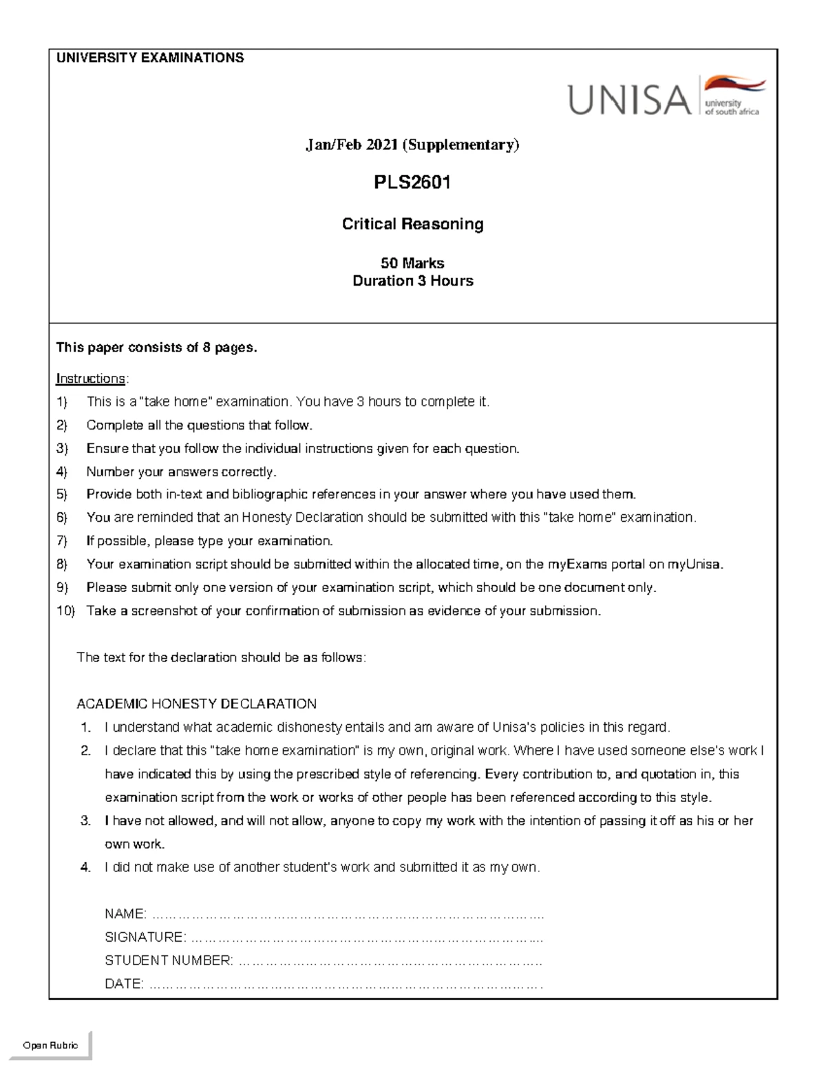 PLS2601 Final Exam: Critical Reasoning Jan-Feb 2022 Question Paper ...