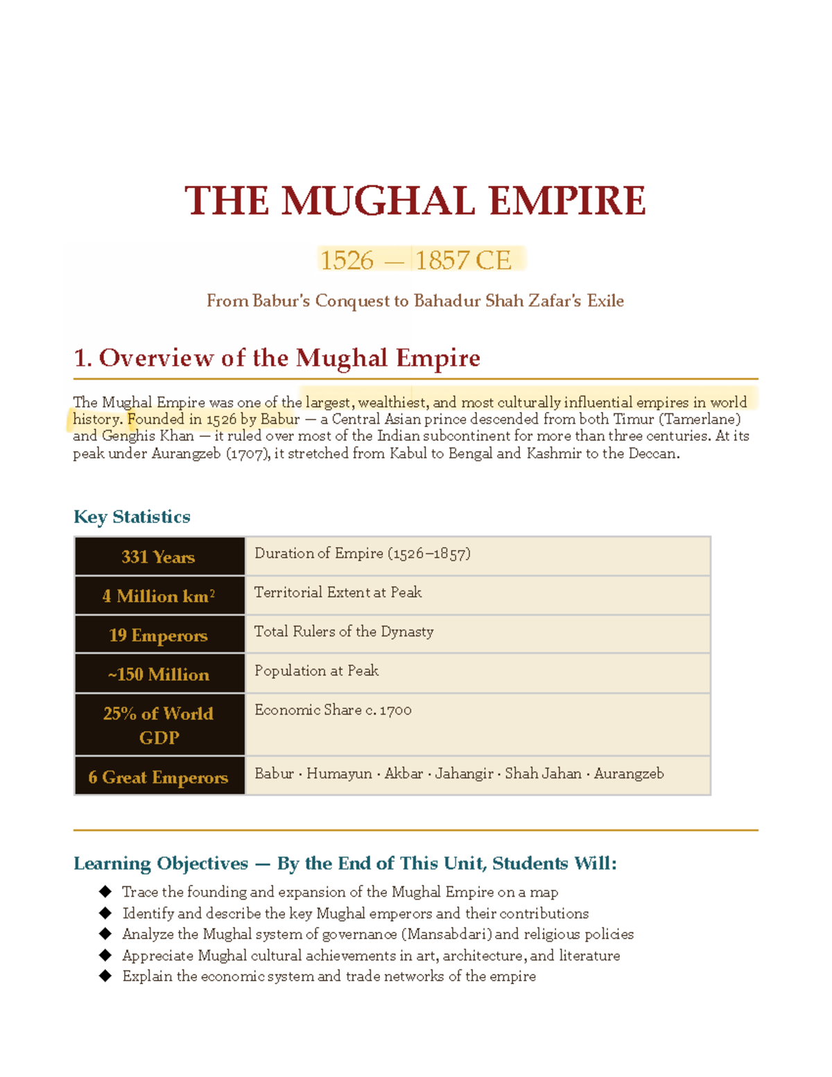 MUGHAL EMPIRE (HIST 101): From Conquest to Decline (1526-1857 CE) - Studocu