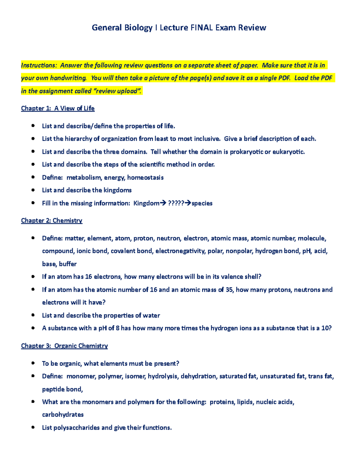 General Biology I Lecture Final Exam Review Guide (Fall 2021) - Studocu