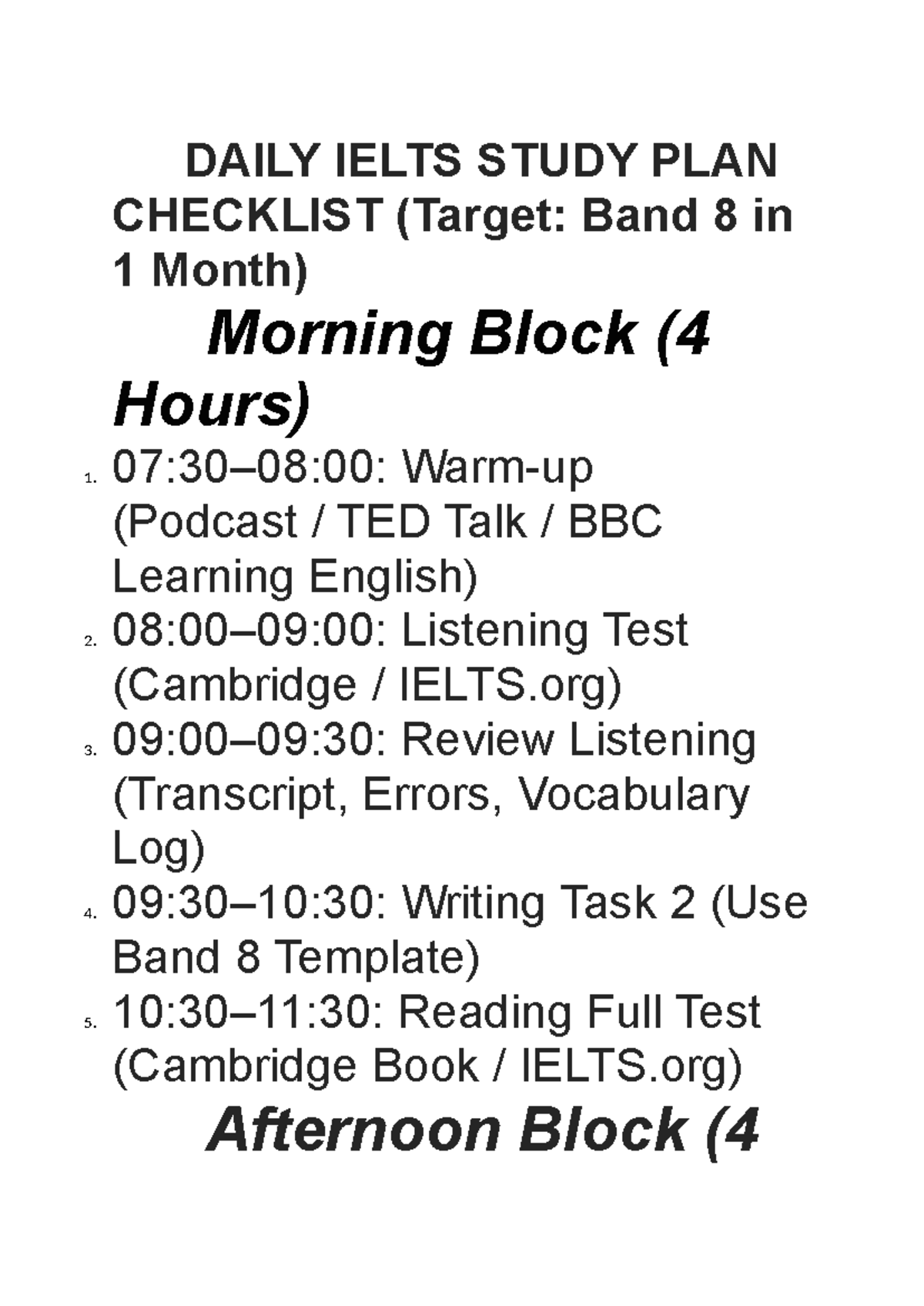 DAILY IELTS STUDY PLAN CHECKLIST (Target: Band 8 in 1 Month) - Studocu