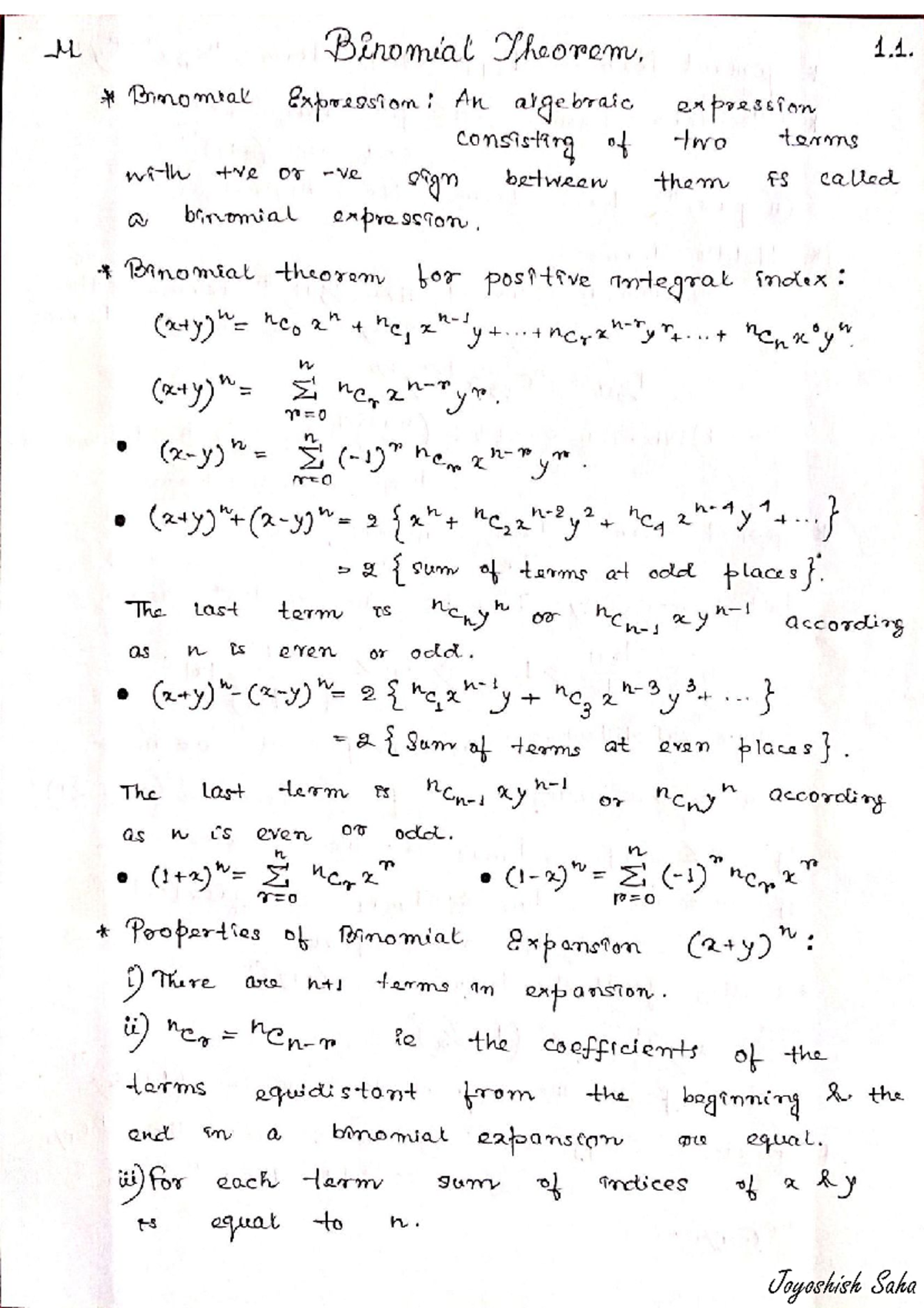M Binomial Theorem - Lecture Notes by Joyoshish Saha - Studocu