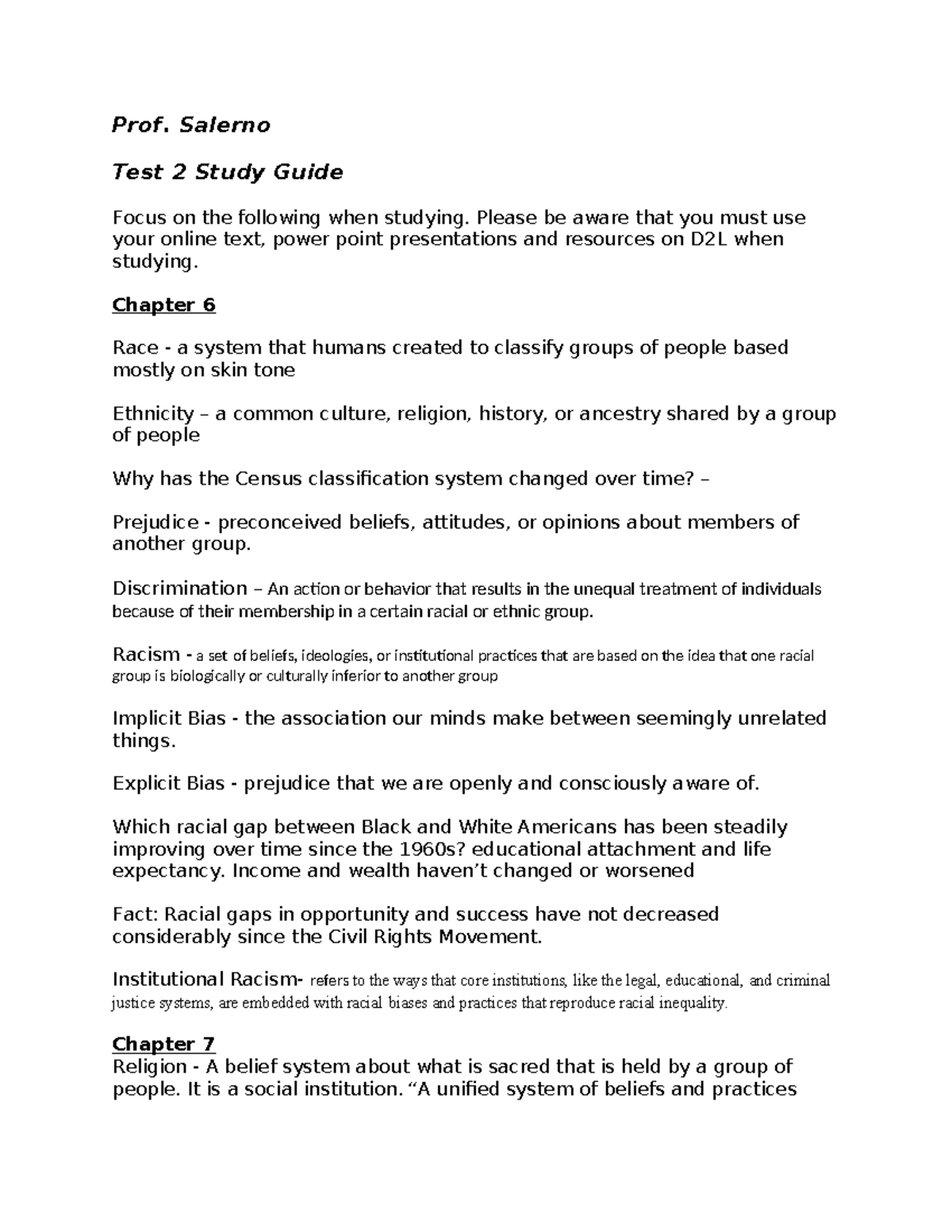 SYG Final Study Guide - N/A - Prof. Salerno Test 2 Study Guide Focus on ...