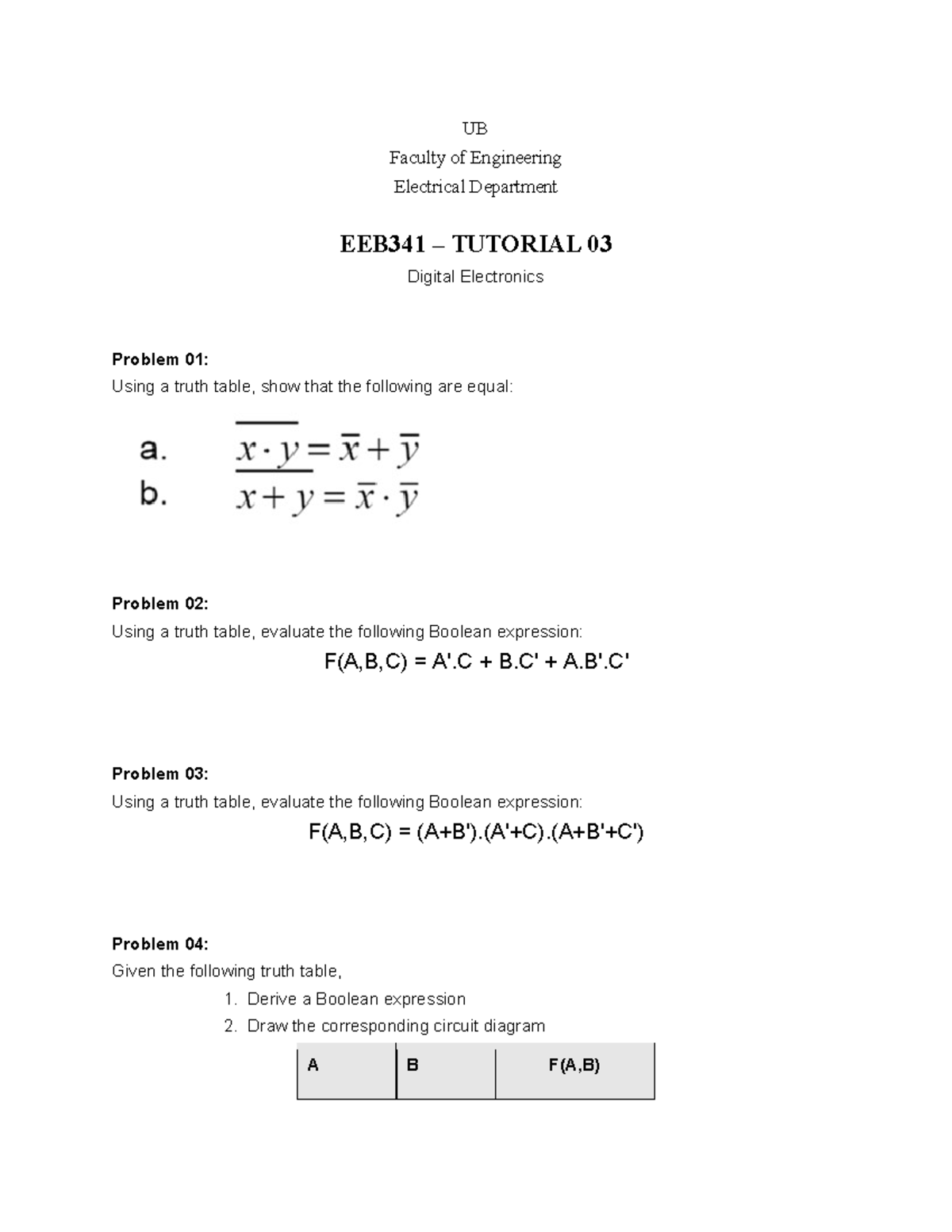 EEB341 - Digital Electronics Tutorial 03: Truth Tables & Boolean ...