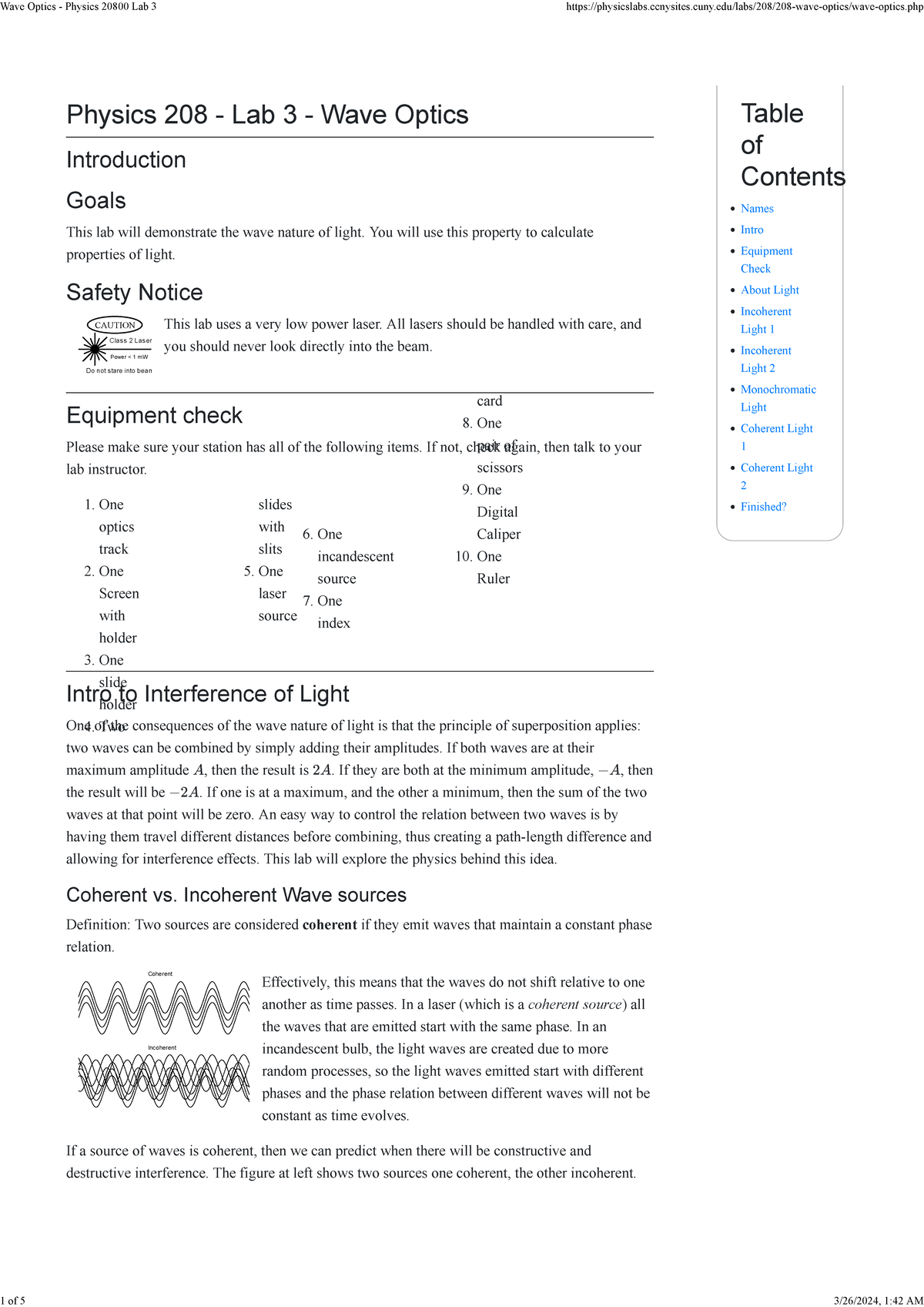 Wave Optics - Physics 20800 Lab 3 - Table of Contents • Names • Intro ...