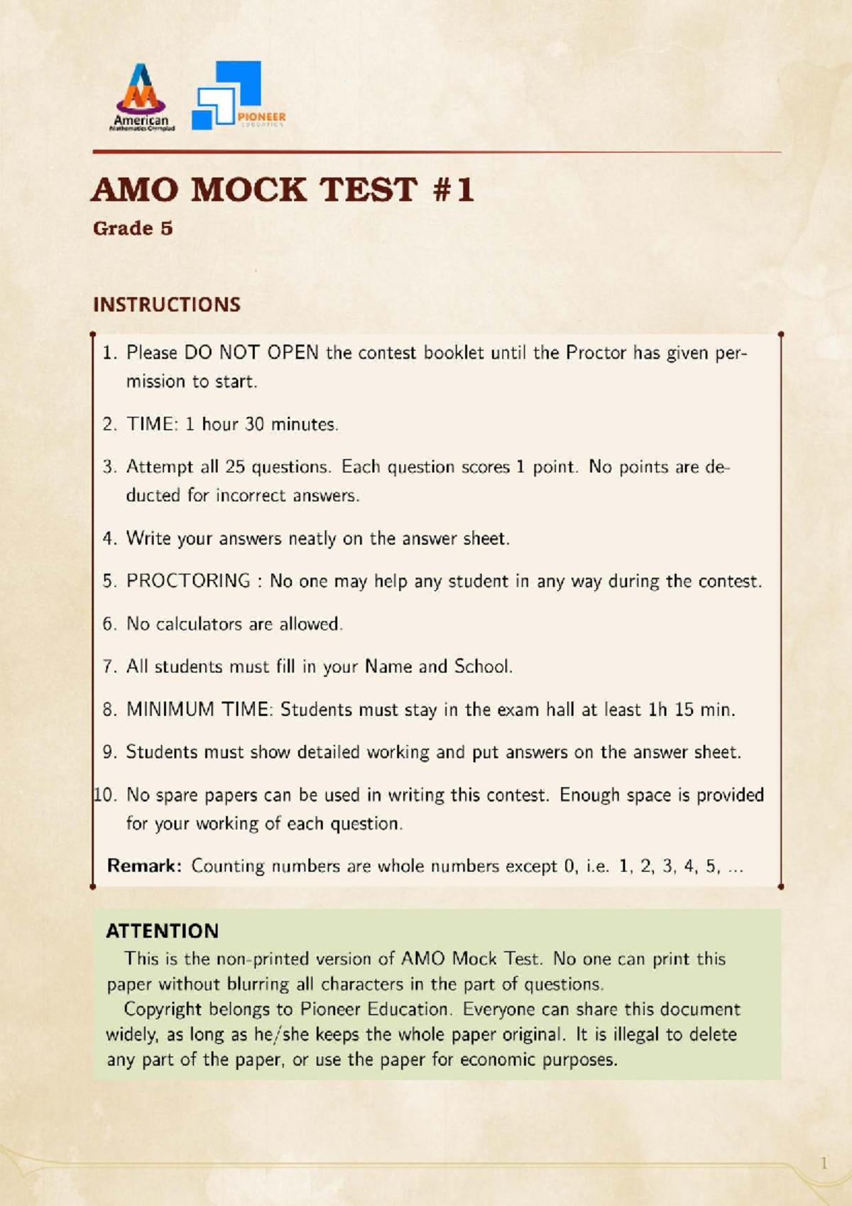 AMO Mock Test #1 - Grade 5 Mathematics Olympiad - Studocu