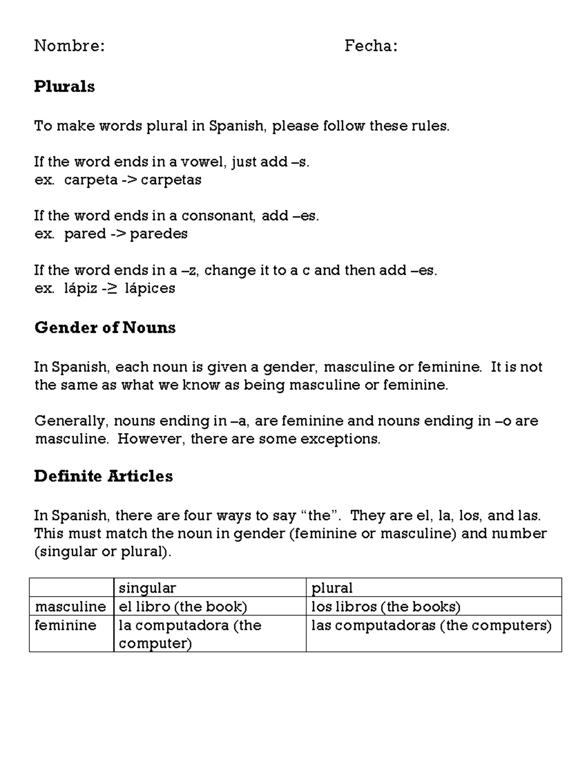 ESL 101: Plurals and Articles in Spanish - Worksheet 2 - Studocu