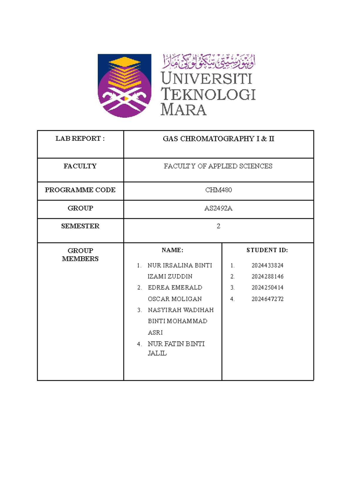 GC Lab Report: Gas Chromatography I & II - CHM480 AS2492A - Studocu