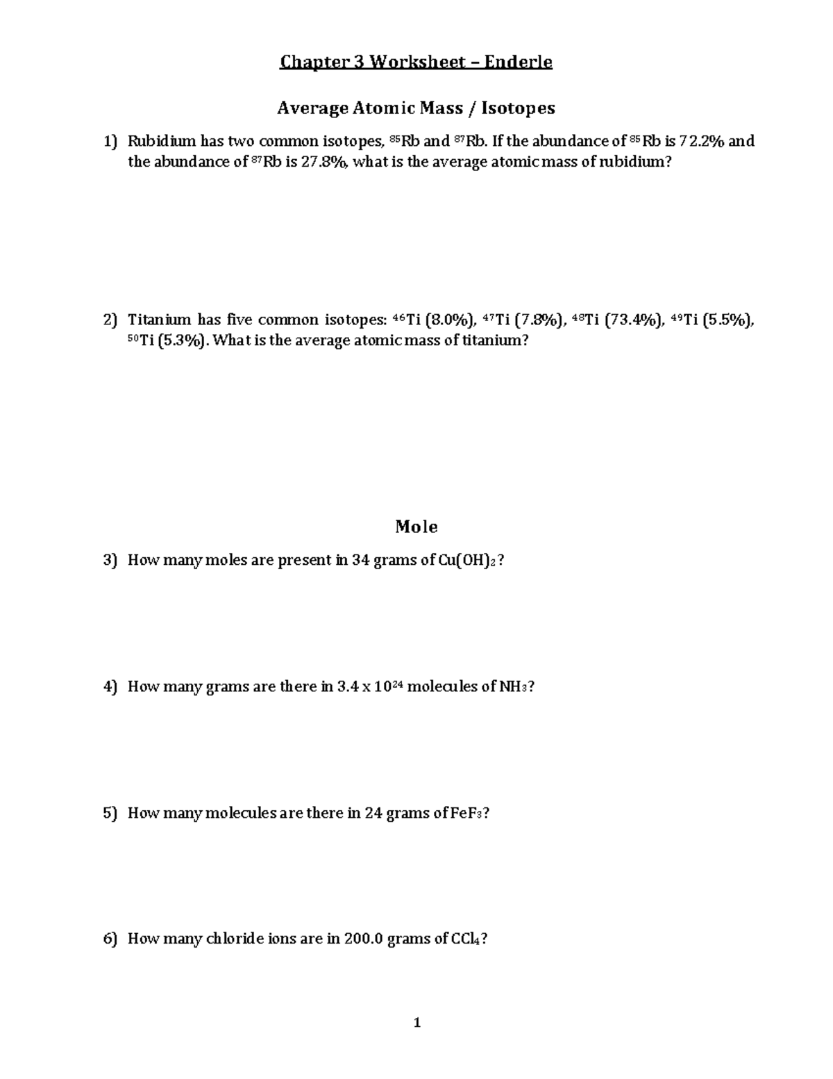 2A Chp 3 Worksheet - Average Atomic Mass & Reactions Practice - Studocu