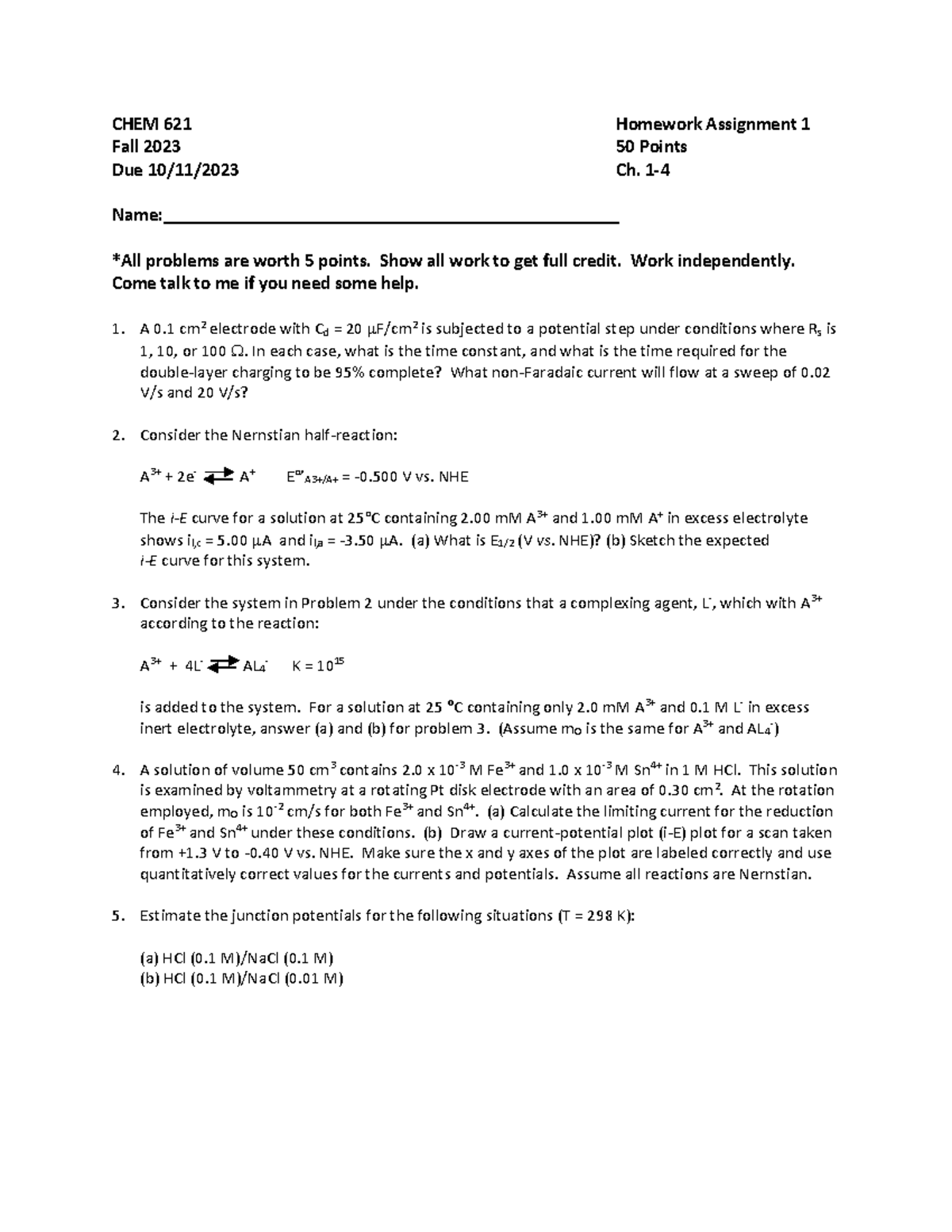 CHEM621 Fall 2023 Homework Assignment 1: Concepts & Problems - Studocu