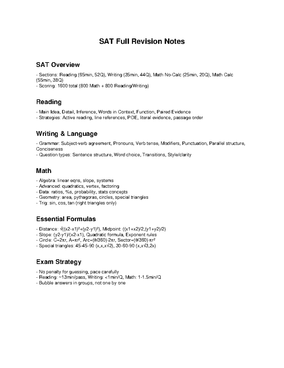 SAT Full Revision Notes: Overview, Strategies, and Key Concepts - Studocu