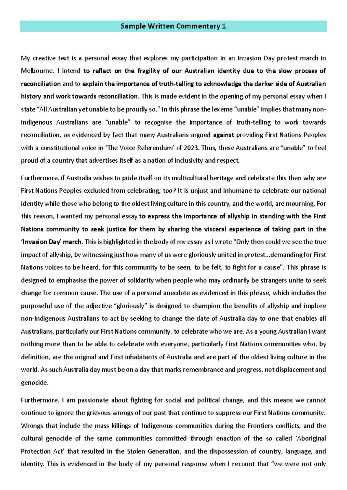 ENG101: Personal Essay on Invasion Day Protest and Reconciliation - Studocu