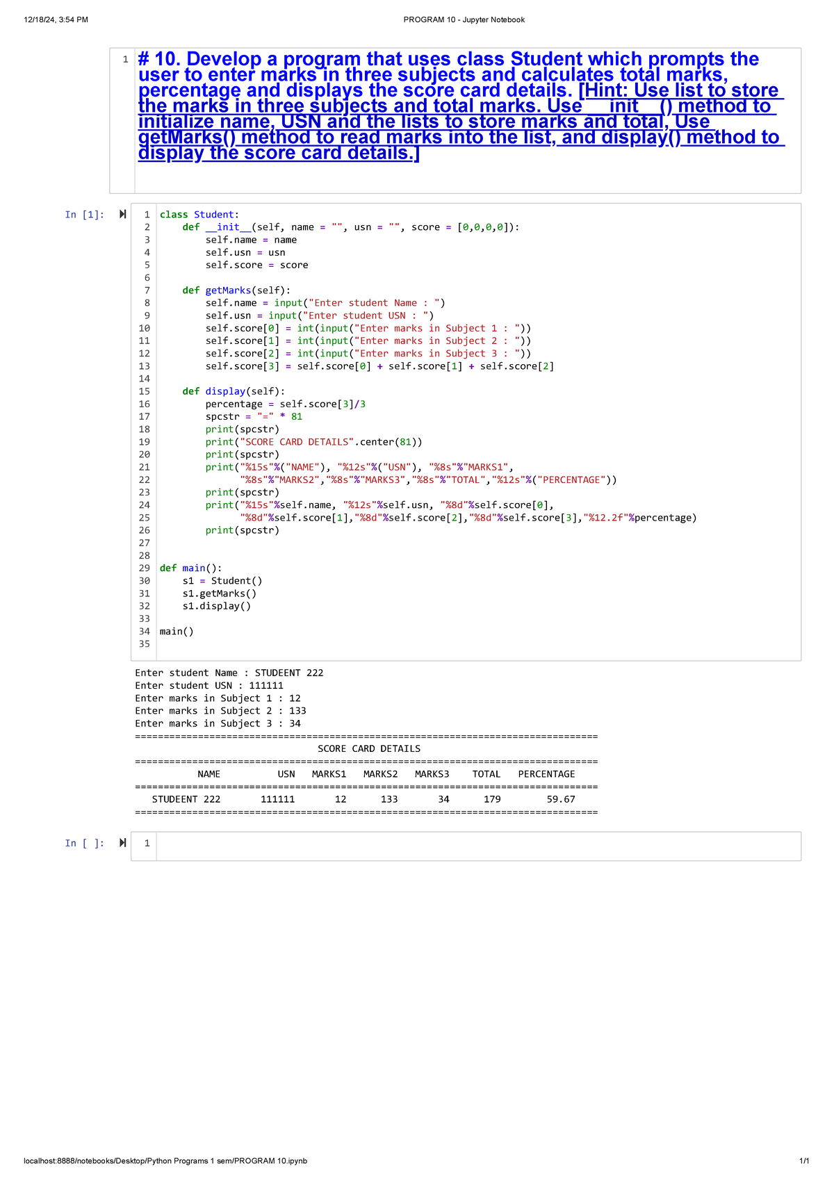 Program 10: Student Score Card Calculation in Jupyter Notebook - Studocu