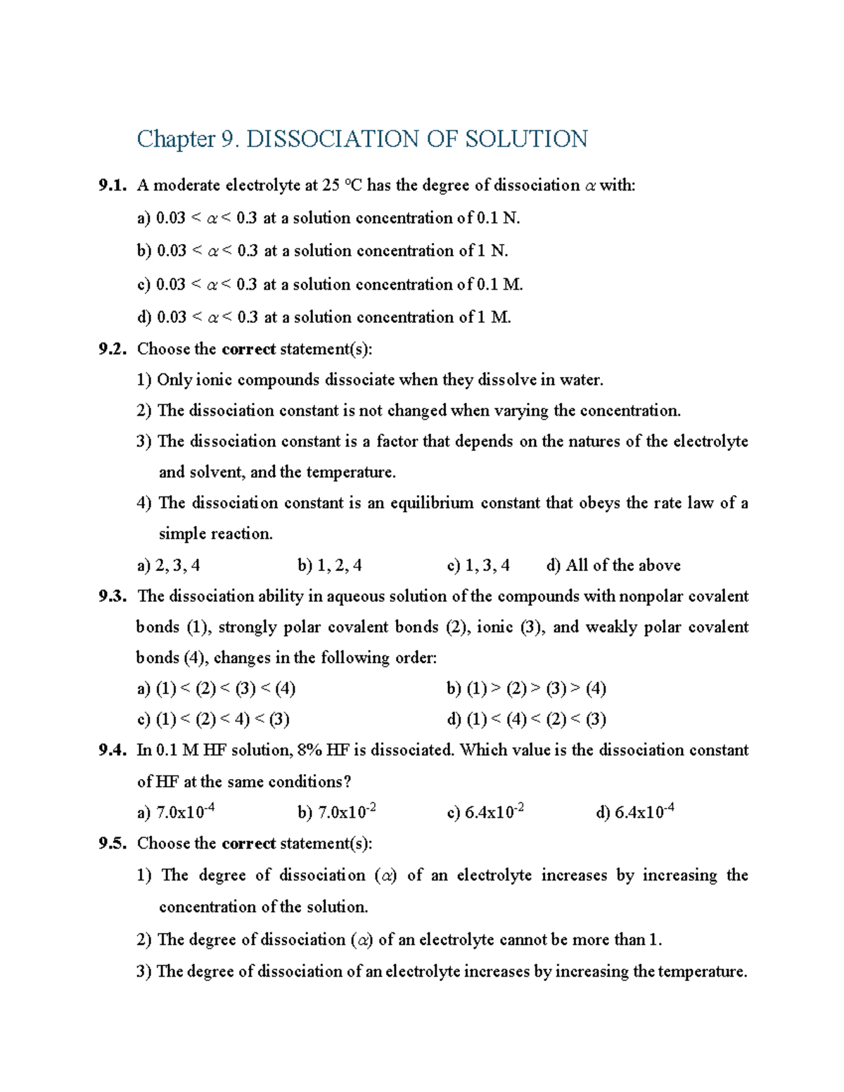 Chapter 9: Dissociation of Solutions in Electrolyte Chemistry - Studocu