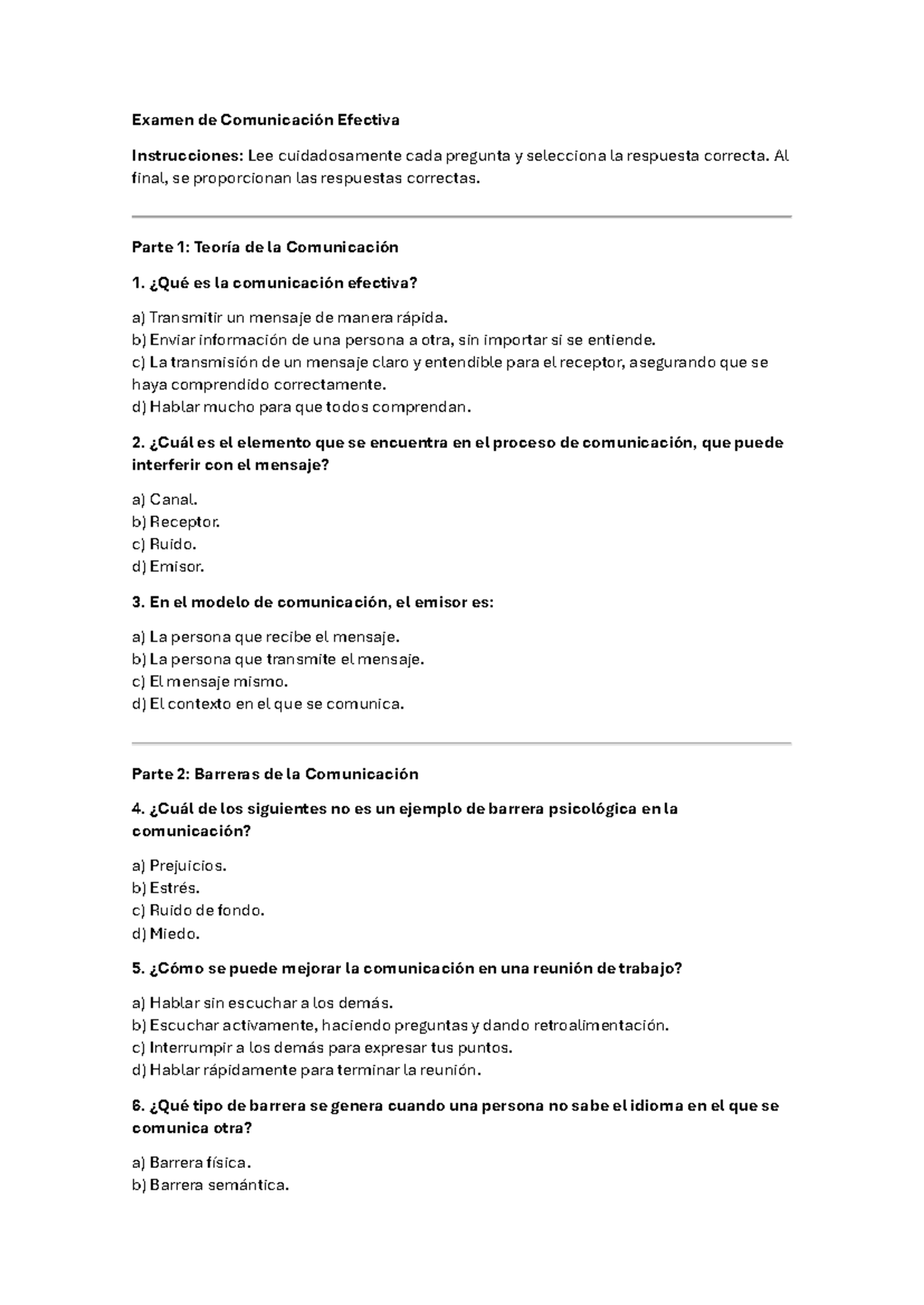 Examen Final de Comunicación Efectiva - Instrucciones y Preguntas - Studocu