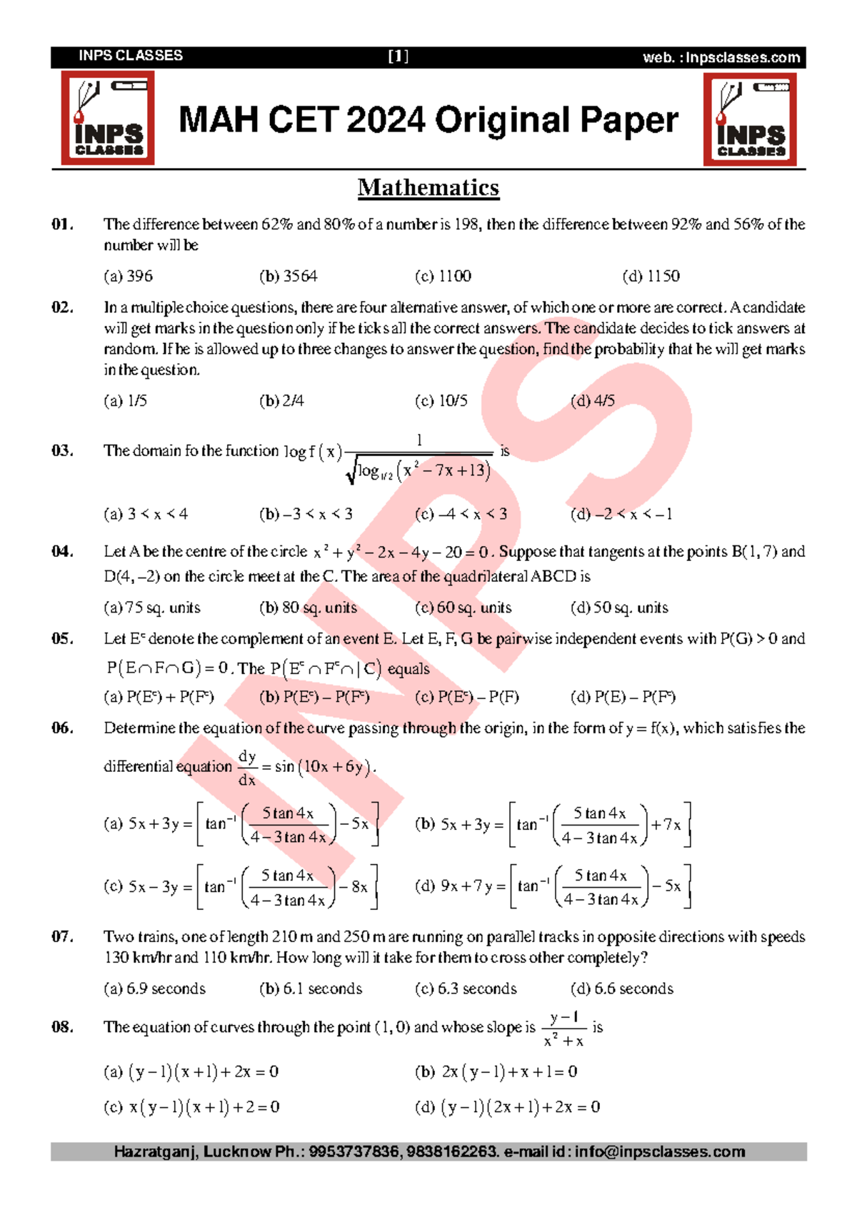 MAH CET 2024 Mathematics Original Paper - INPS Class 2 Questions - Studocu
