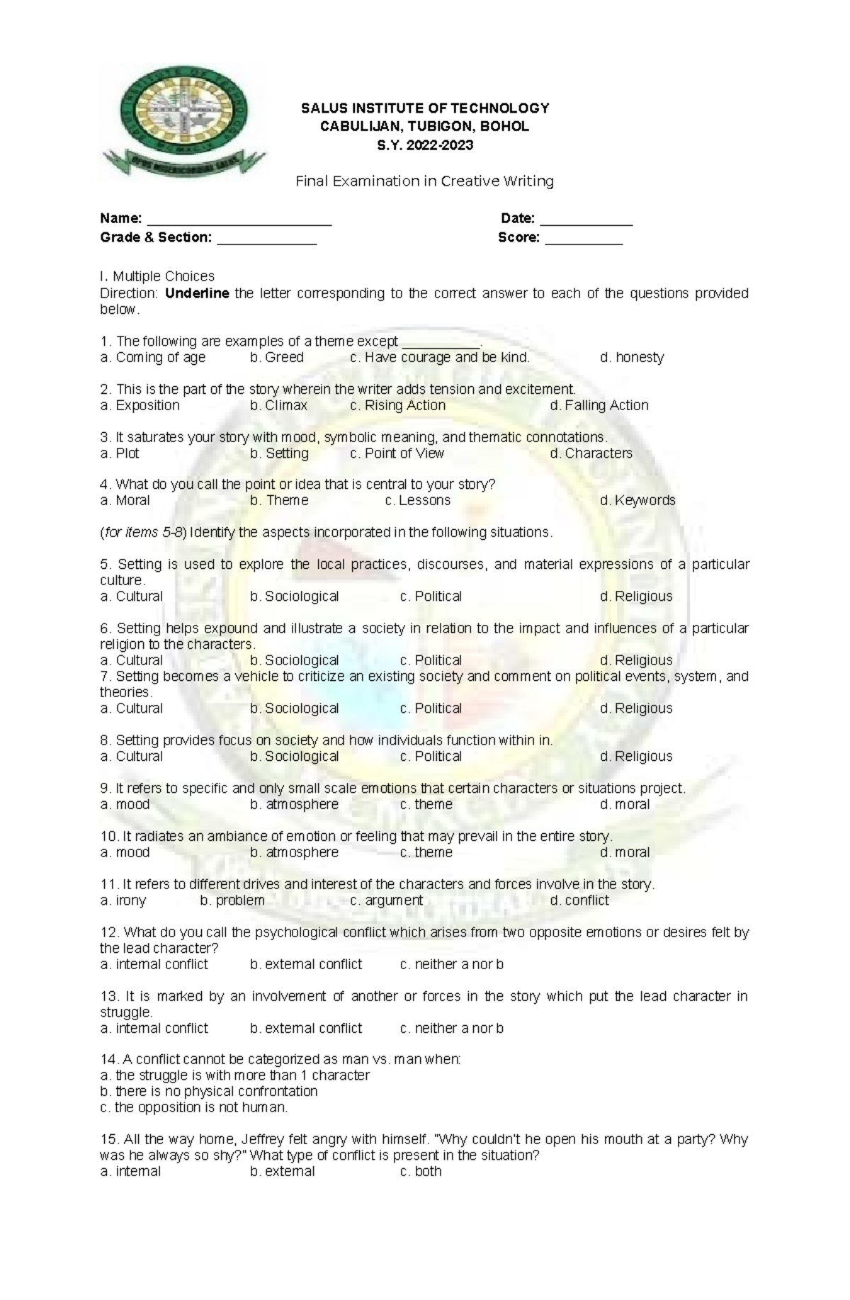Final Exam in Creative Writing (S.Y.) - Multiple Choice Questions - Studocu