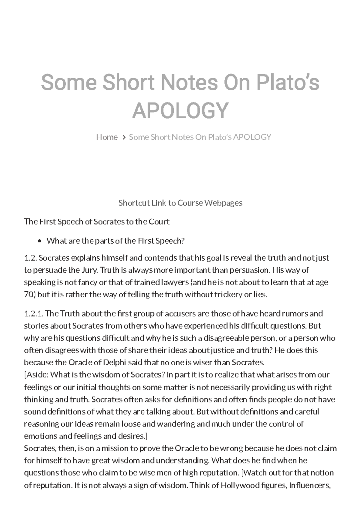 Some Short Notes On Plato's Apology (PHIL 101) - Prof. Richard C ...