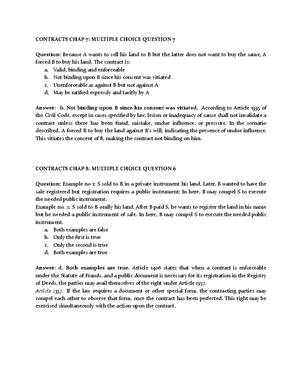 Oblicon assignment - CONTRACTS CHAP 7: MULTIPLE CHOICE QUESTION 7 ...