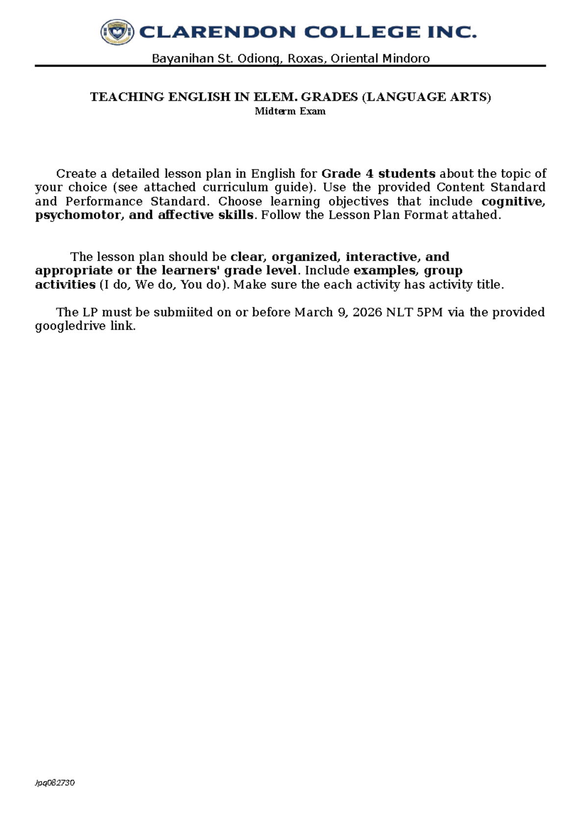 Teaching Language Arts (TEACHING ENGLISH IN ELEM. GRADES) Midterm Exam ...