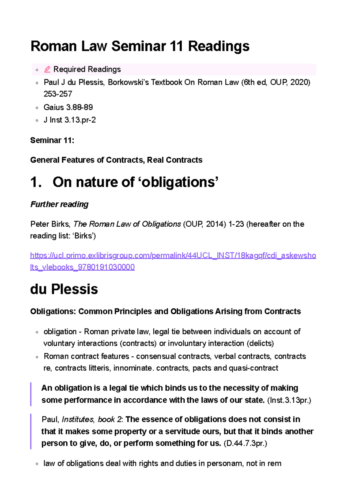 Roman law seminar 11: General features of contracts and obligations ...