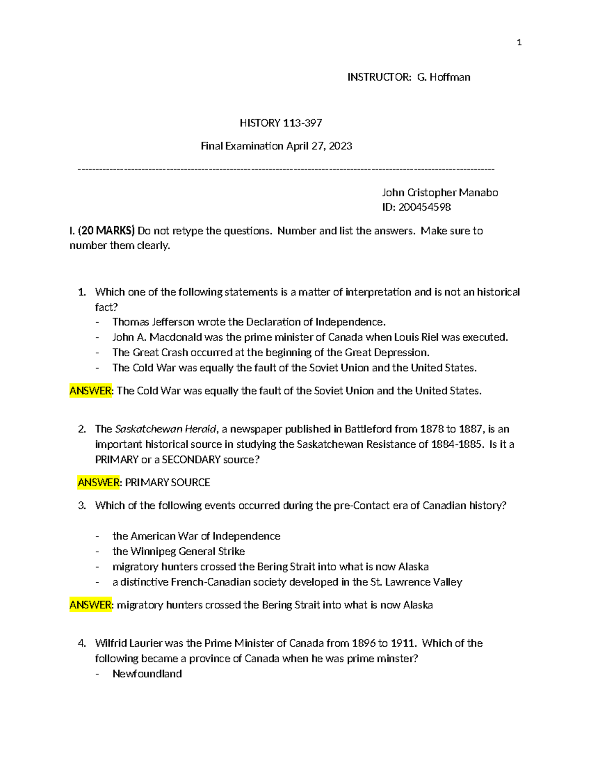 HIST 113 Final Exam Study Guide and Answer Key - Studocu