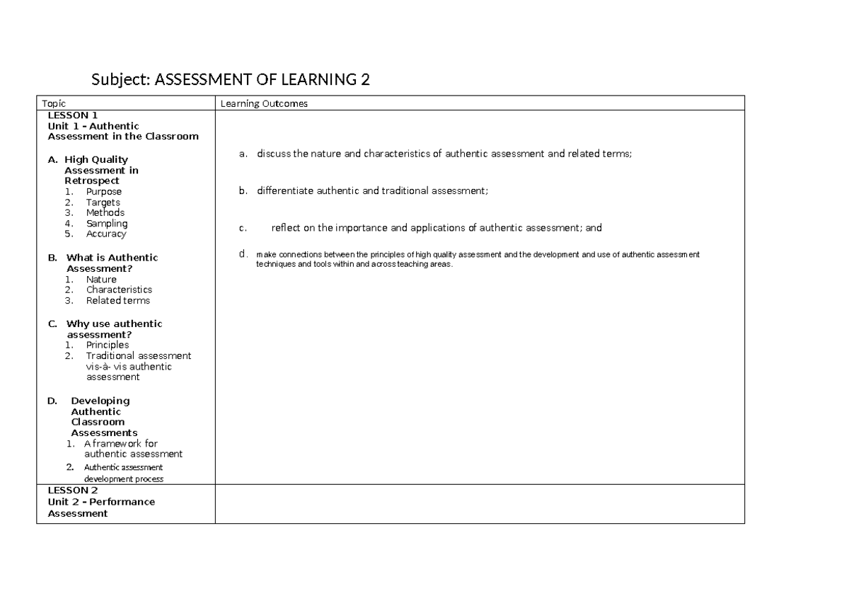 PROF-ED-9 - Assessment - Topic Learning Outcomes LESSON 1 Unit 1 ...