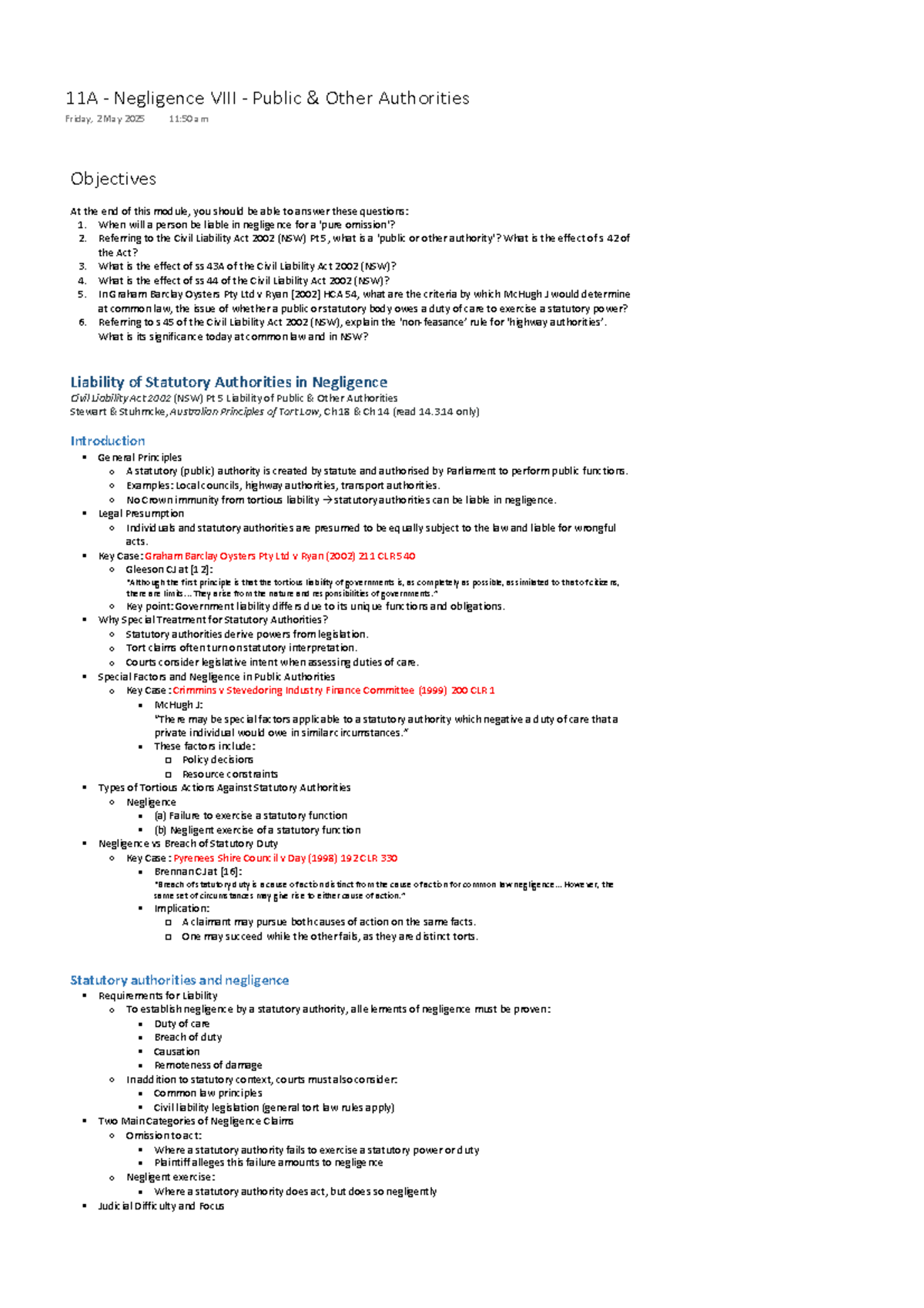 11A - Negligence VIII: Public Authorities & Liability Insights - Studocu