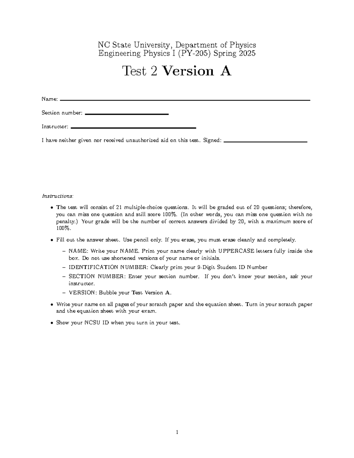 PY-205 Spring 2025 Engineering Physics I - Practice Exam 2 Version A ...