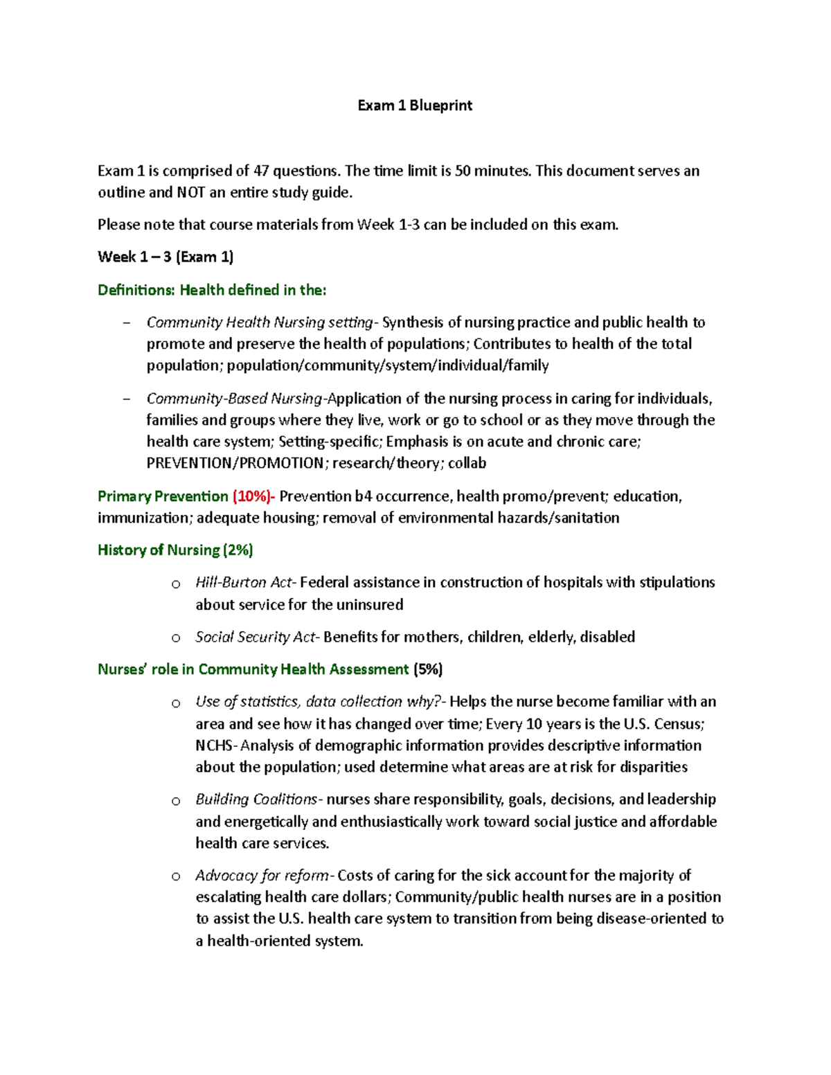 NR 442 Community Health Nursing Exam 1 Study Guide Blueprint - Studocu