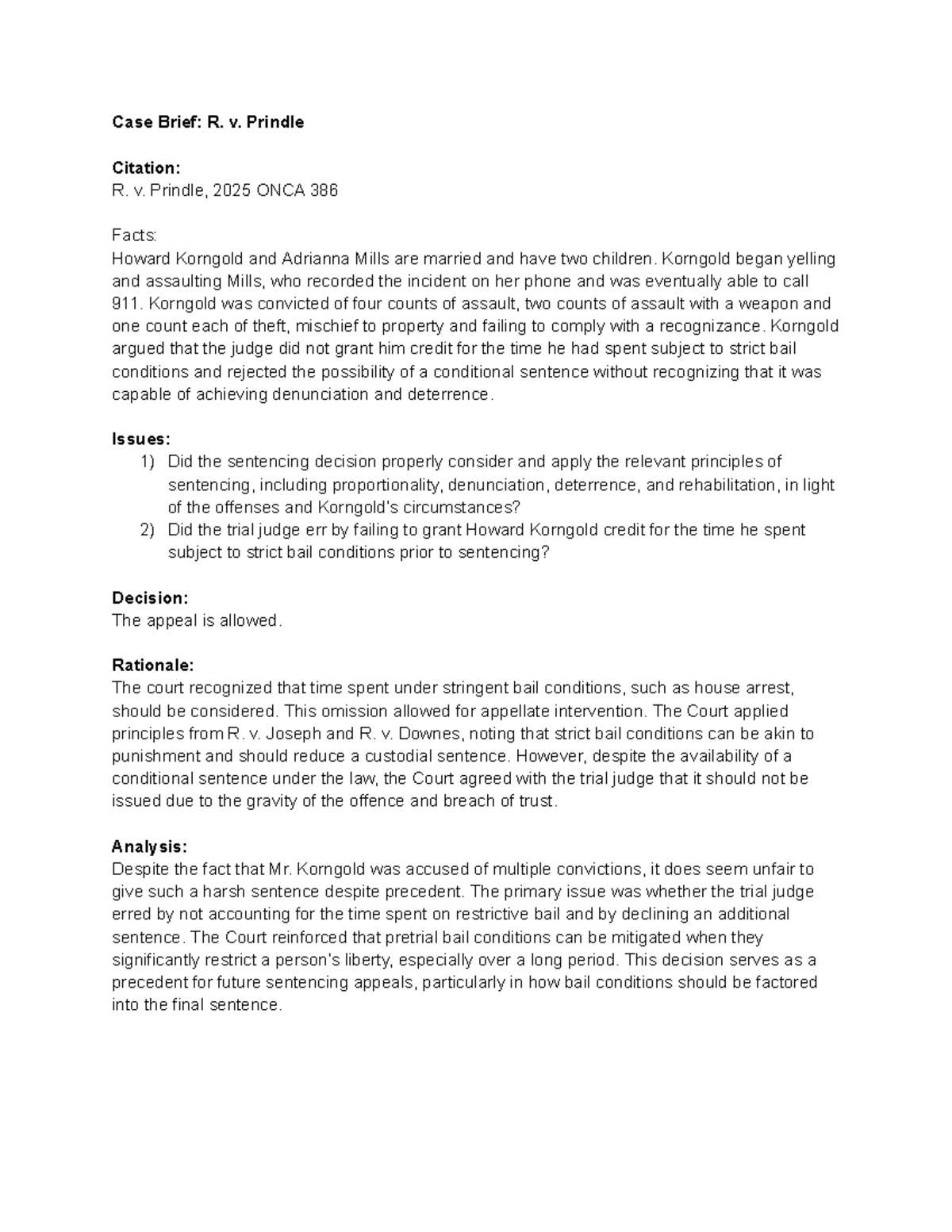 Case Brief: R. v. Prindle - Sentencing Appeal Analysis - Studocu