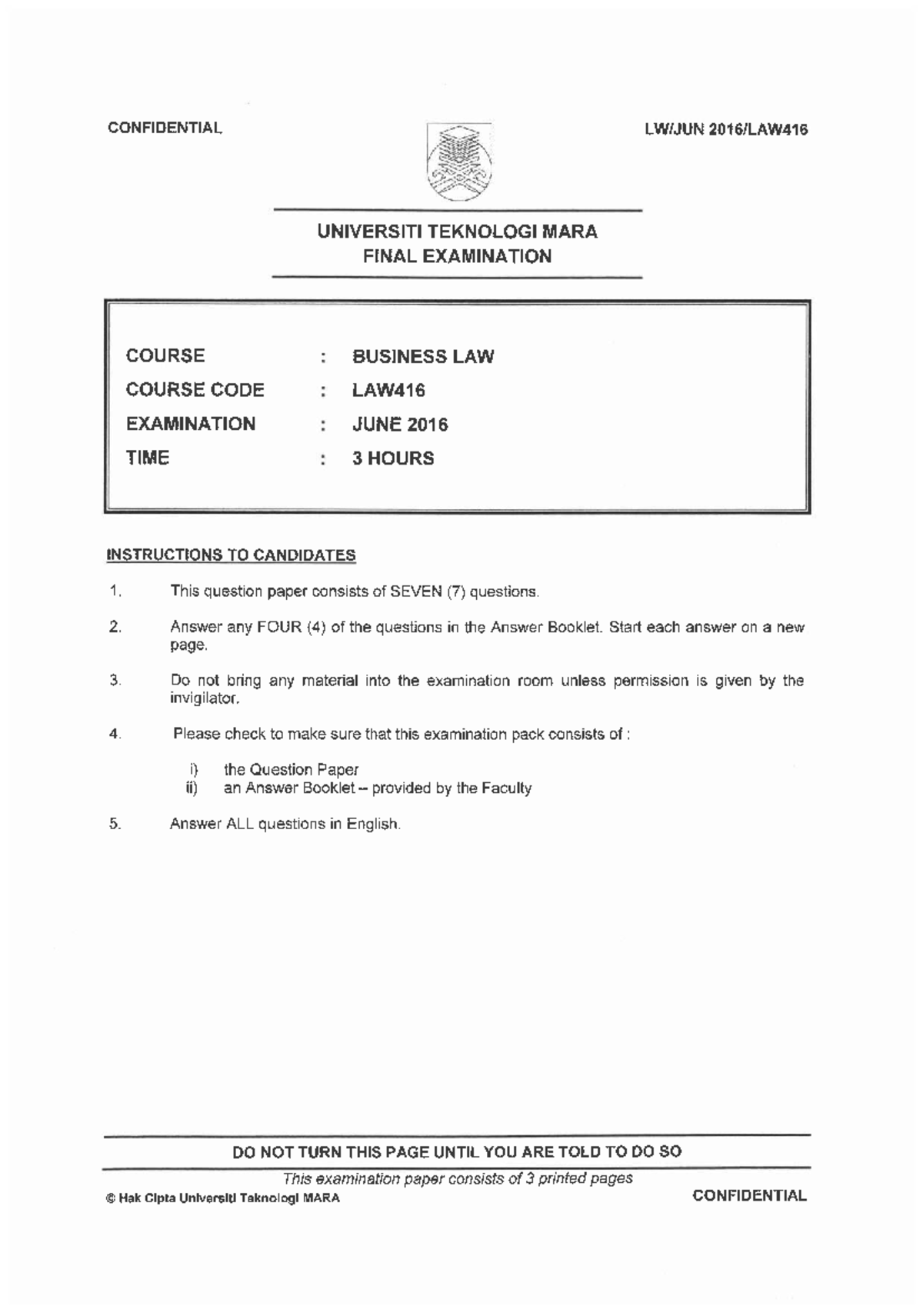 LAW416 Final Exam: Business Law June 2016 Examination Paper - Studocu