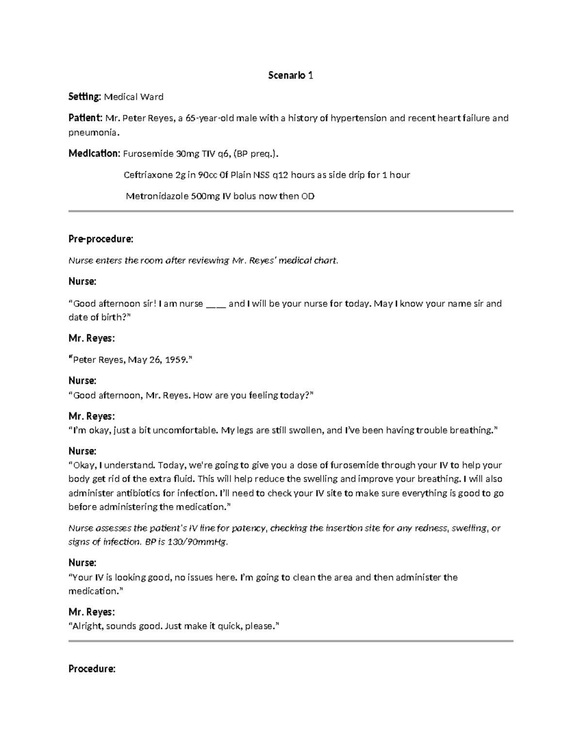 Scenario 1: Patient Care for Mr. Peter Reyes in Medical Ward - Studocu