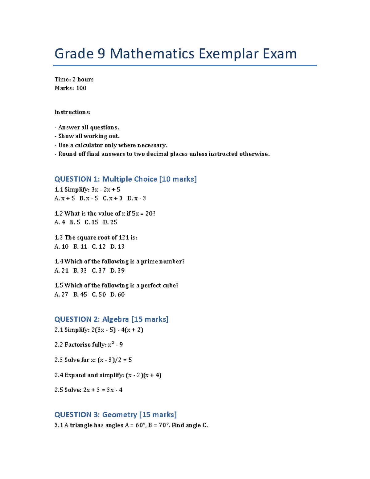 Grade 9 Maths Exemplar Exam: Comprehensive Review and Practice - Studocu