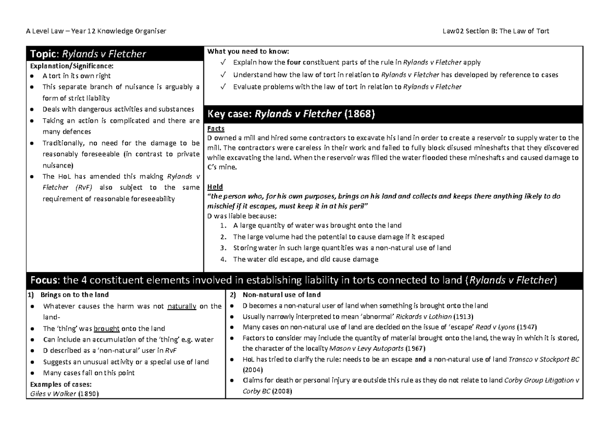 A Level Law Year 12 Knowledge Organiser: Rylands v Fletcher Overview ...