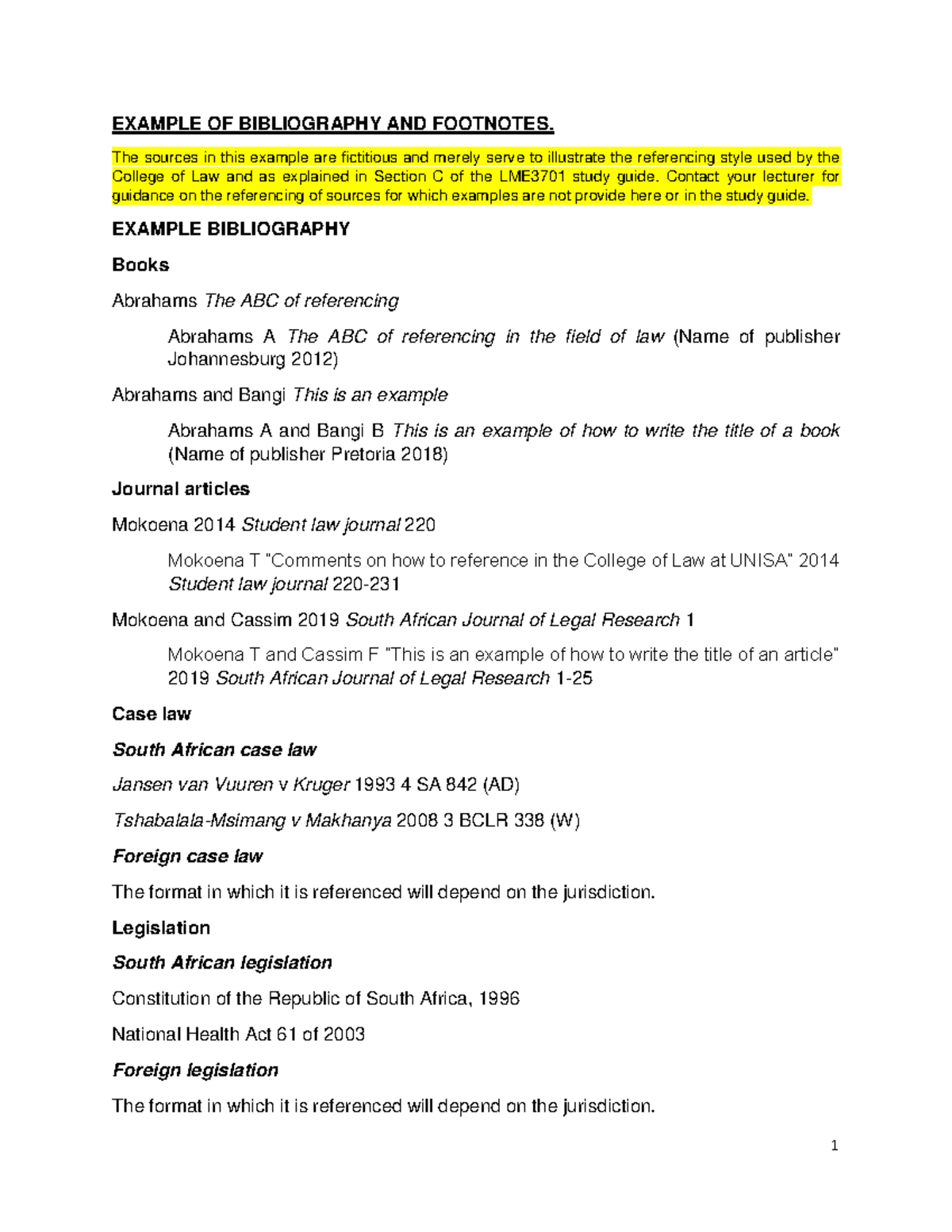 LME3701 Example Bibliography and Footnotes for Law Students - Studocu