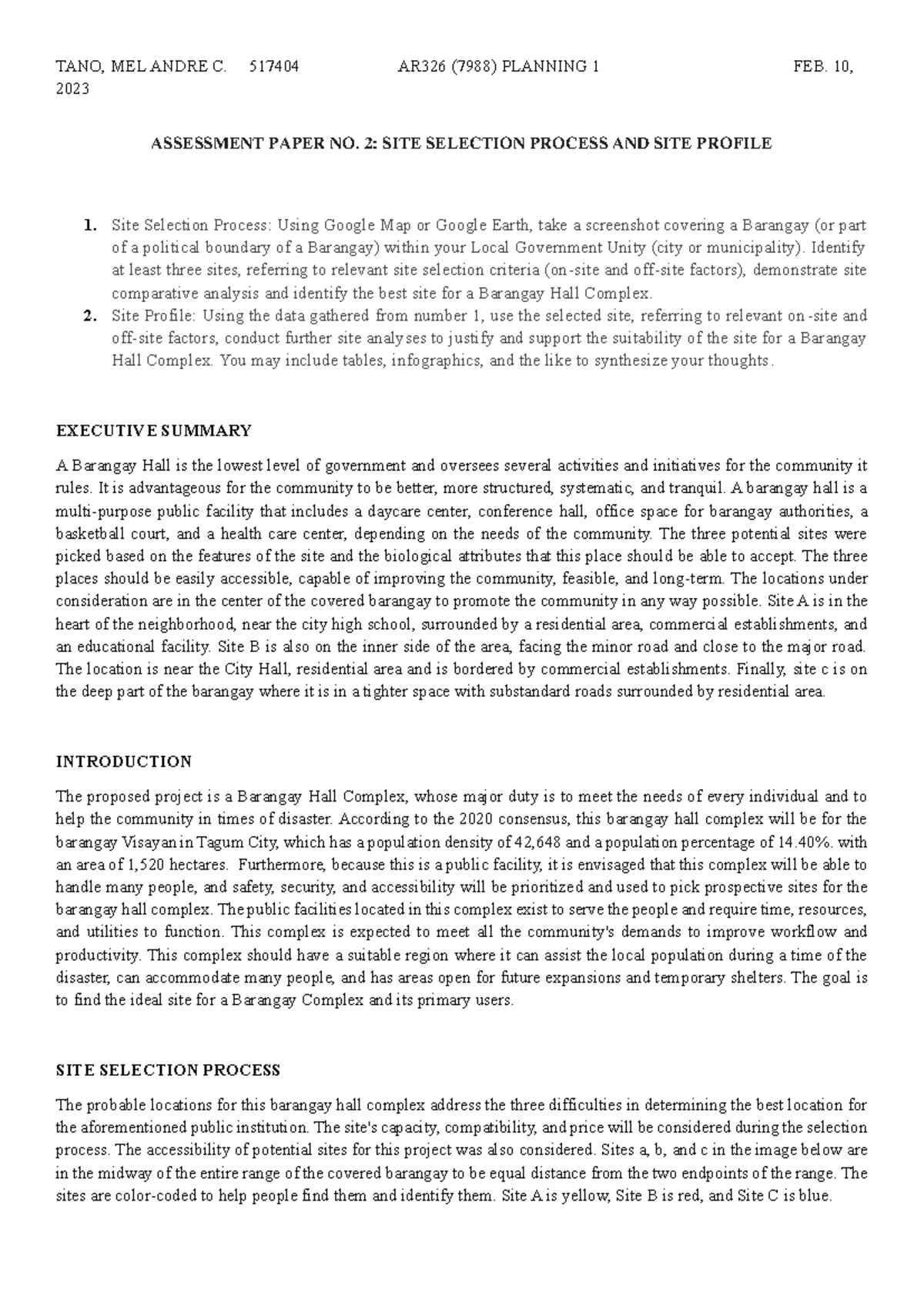 Assessment Paper 2: Site Selection Process & Profile for Barangay Hall ...