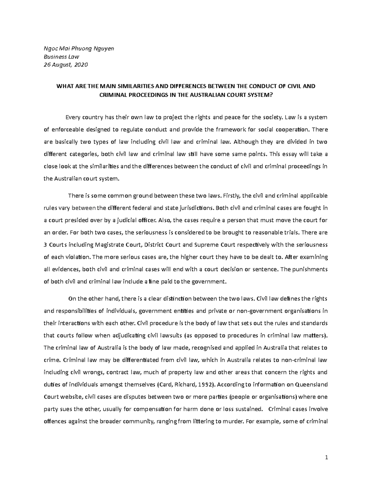 BU1112 Assessment Task 1: Civil vs. Criminal Proceedings in Australia ...