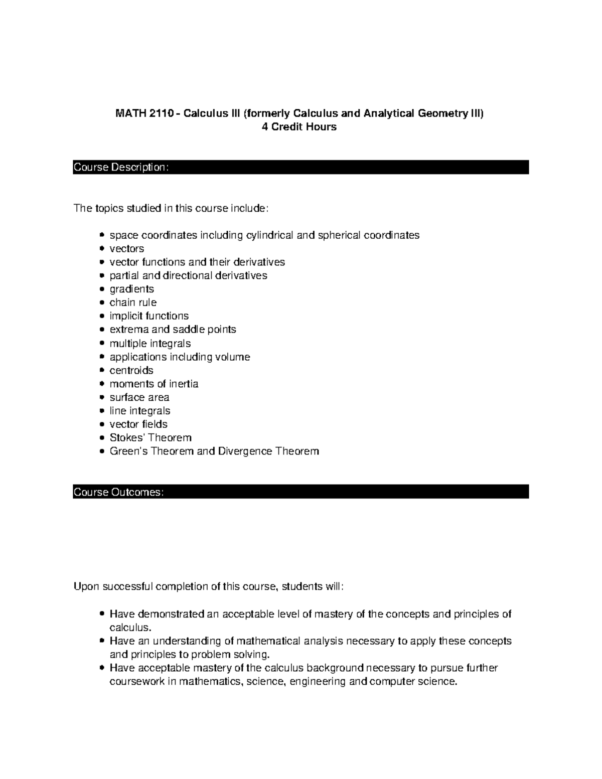 MATH 2110 Syllabus - Calculus III Course Overview and Requirements ...