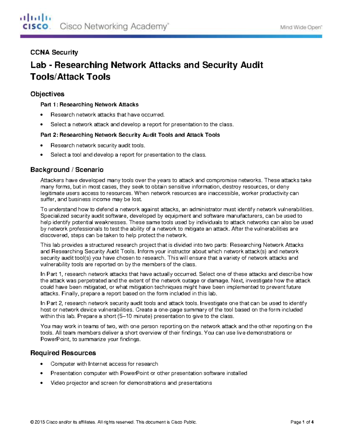 CCNA Security Lab: Researching Network Attacks & Security Audit Tools ...